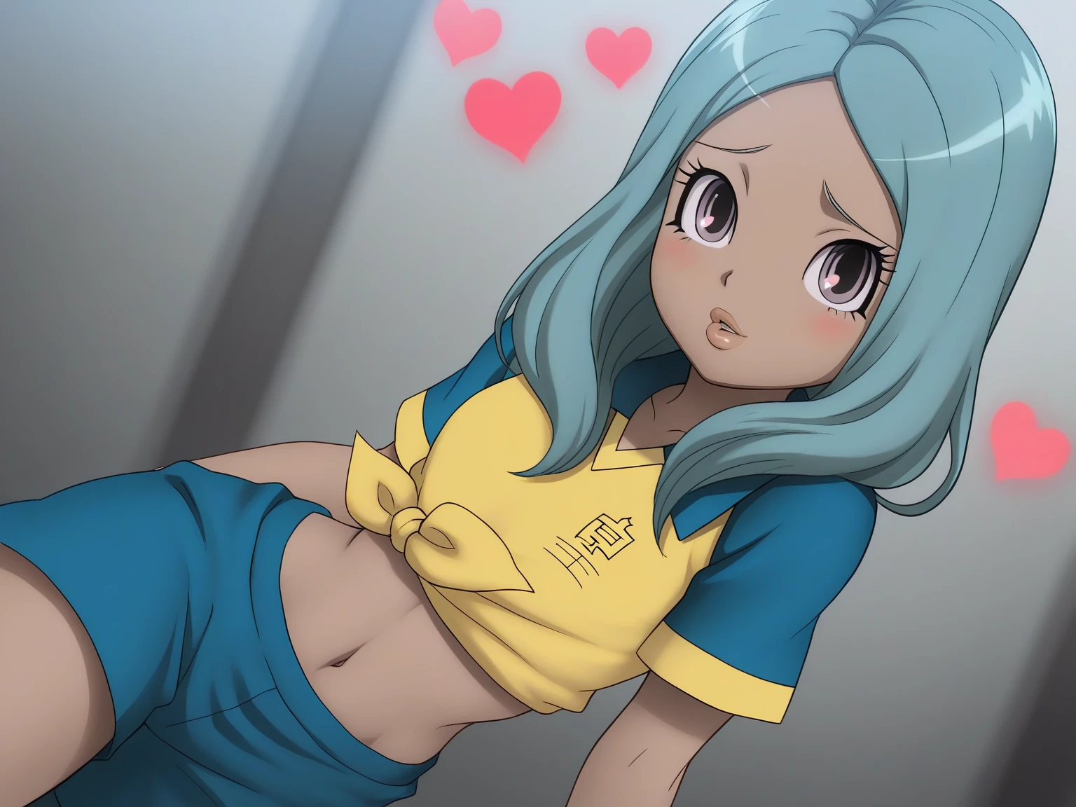 Tabletop, Highest quality, Ultra-high resolution, Highest quality, Anime Style, Alien Girl, They are, 17 years old, Attractive girl, Long Green Hair, Yellow horn, Ram, Ram_Bikini, Yellow tabby bikini, A carefree smile, Animated  expressions, Face Focus, close