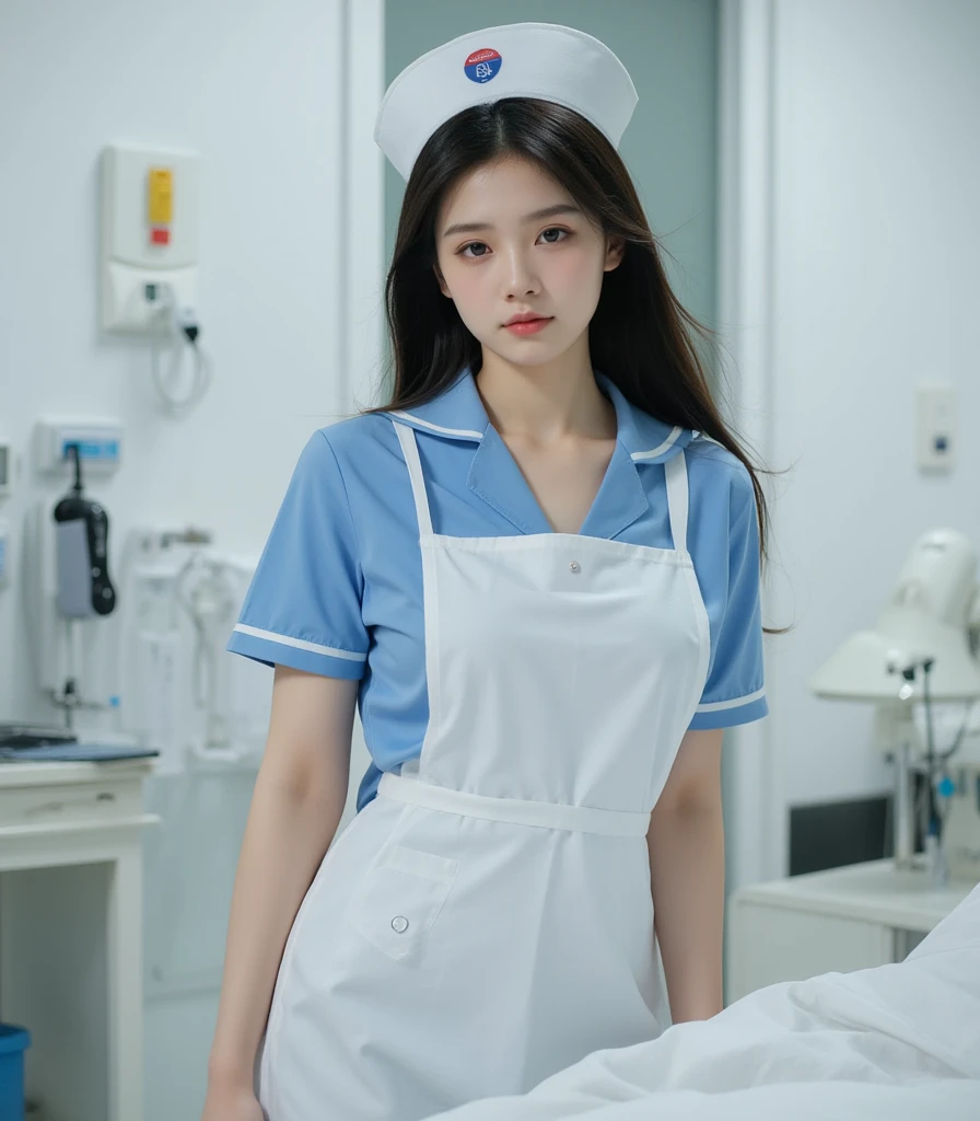 (Highest quality: 1.5), (Realistic: 1.5), (1 person: 1.5), (Very detailed), (High resolution), 8K, Shoot from below, (Japanese women), ((wear White nurse uniform)), (Nurse cap), (Wear a  skirt), (Medium ), Natural color lips, Cute Smile, 20-year-old girl, (Beautiful and elaborate face), (Perfect and beautiful face), (Big eyes), (Beautiful and elaborate face), (Left/right balance) Beautiful Eyes), Beautiful double eyelids, Perfect and beautiful face, thin arched eyebrows, Slim face, (Slim figure), Beautiful thin nose, Beautiful Skin, (Medium Bob Hair), Natural Bangs, Fair skin, Front view Lighting, ( lighting), Dark blue eyes, Slim waistline, Slender and beautiful legs, nurse, Stethoscope, (Sitting on the operating table), (Wearing a white garter belt and white knee-high stockings), white nurse clothes, operating room、((White nurse clothes)), ((White  Skirt)), pure white,