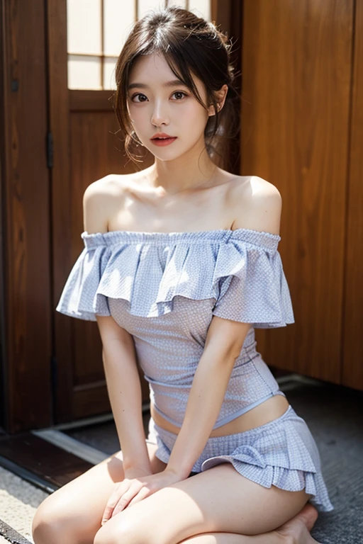 1 young girl, super beautiful detailed face,  look, Stare at me, open mouth slightly, Raw photo, (Best Quality:1.2), masterpiece, 16k, high details, highres, With the highest quality, High-definition raw color photos, professional photograpy, Cinematic Light, (Fine face:1.2), lace dress with wide open front, Beautiful breasts,  shoulders, Mystical, jungles, Surrounded by beautiful sunsets, twilight background, dazzling lights, Beautiful contrast, girl portrait, pubick hair,  details, , (view from below:1.4)