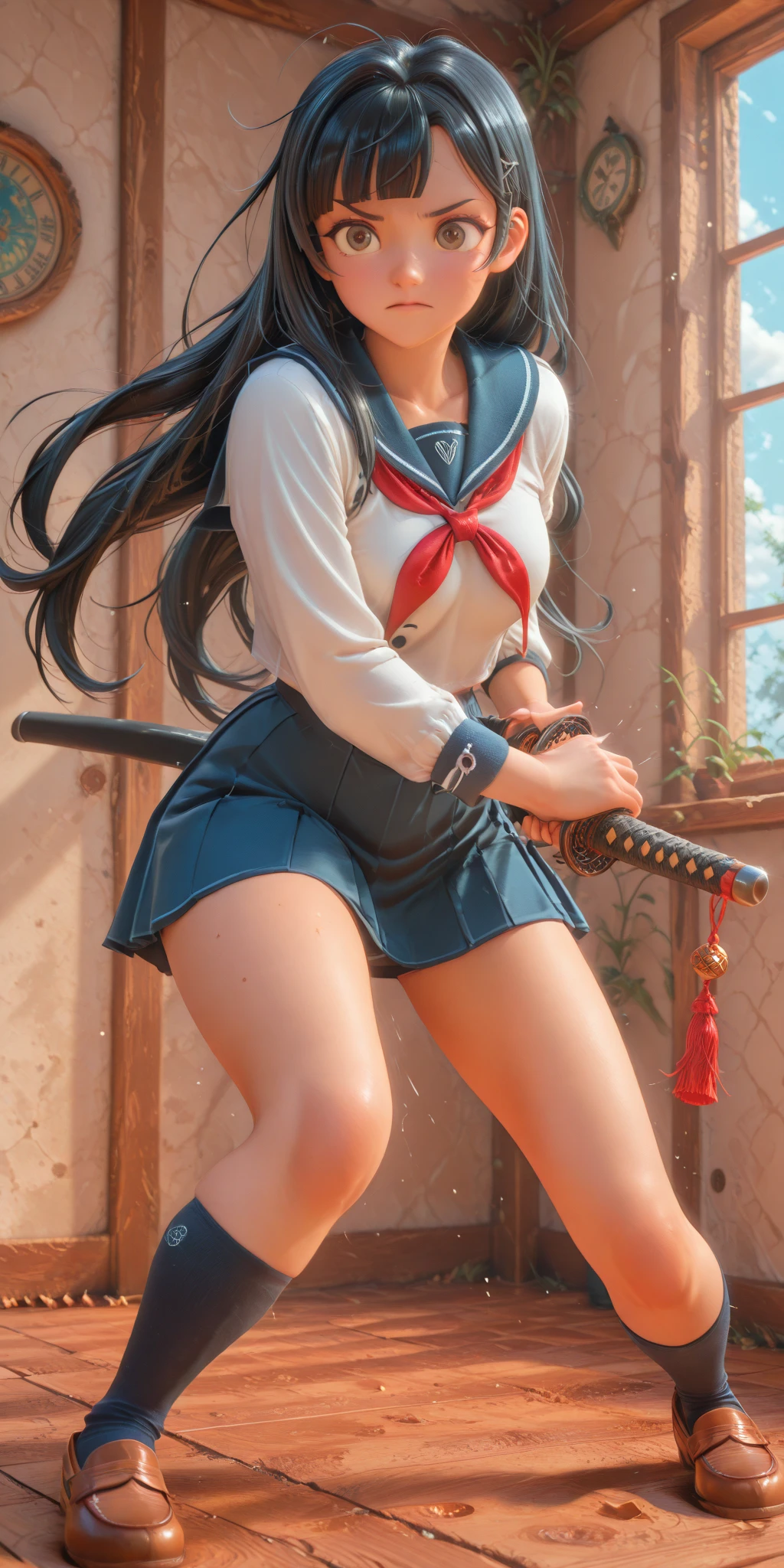 masterpiece, Highest quality, Sophia Estido, Barrette, Pink Shirt, corset, Pencil Skirt, stockings, Knee-high boots, standing, ((Holding a sword in his right hand)), Combat pose、Spread your legs、Bend both knees slightly、Quiz Formula, Looking at the audience, rocky coast, big, null, (Squat:1.5)、(Spread your legs:1.5)、((Showing white ))、Good lift、Showing off a white 、Troubled face、、Excited、close your eyes、Open your mouth、、Sword Drawing Technique, Battoujutsu、Red cheeks、Shirt lift、Place your heels on the ground