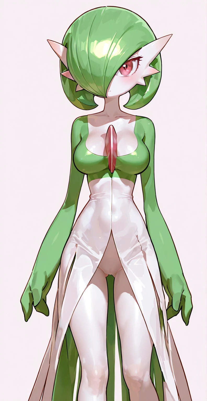 Bald, tall, shiny skin, gloss skin, huge breasts, lanky, long legs, long arms, thin, green skin, , four arms, pink , black sclera