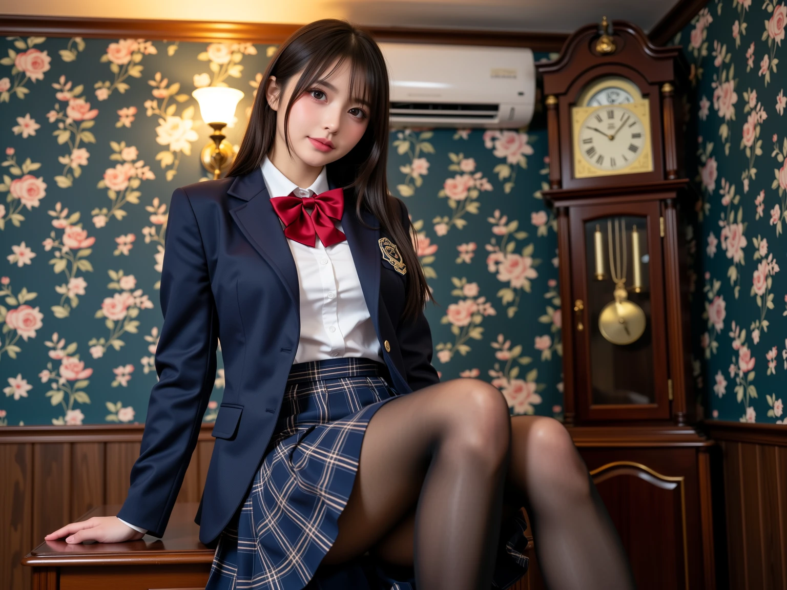 ((masterpiece)),(((best quality))),thin thighs,long legs,girl standing in school,red tie uniform,dark blue blazer,blue plaid skirt,18 years old,forehead,small smile,random pause，Pretty Woman，slim girl，