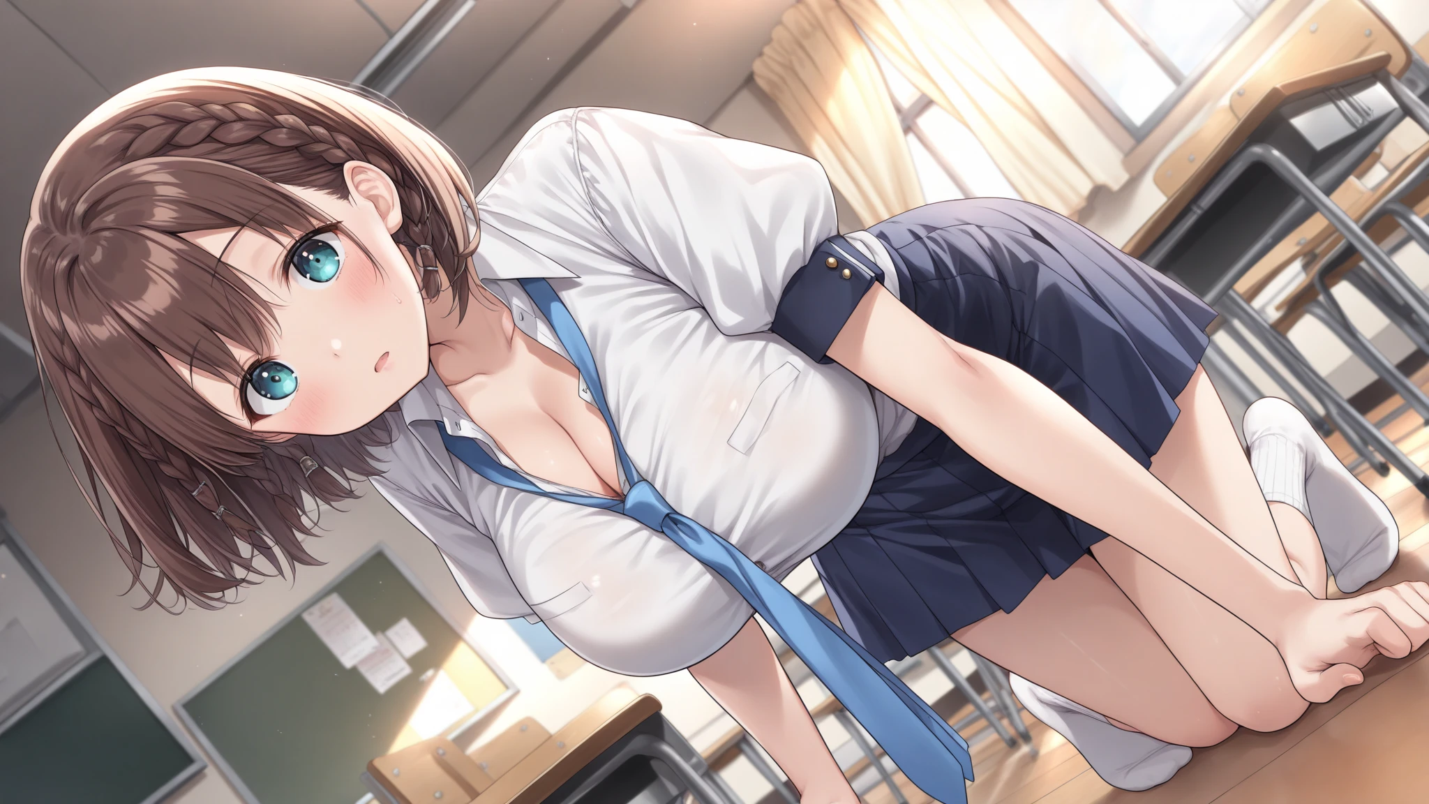  , masterpiece, 1 girl, tracked light, nice, ((())), , ,BREAK POVHipGrabCowgirl, hetero, , Embarrassing,blush、 in trouble、Close your eyes、(), 1 boy, , BREAK perfect face, expressive eyes, red eyes, embarrassing, sensuous, cute, buzzer, short hair, brown hair, , BREAK no_, despicable, BREAK, high quality, 4K,advanced details, rough, wavy,shoes,  skin,、Wearing the uniform of Tokiwadai Junior High School、Very large breasts、、、Glasses、Black Loafers、Black knee-high socks