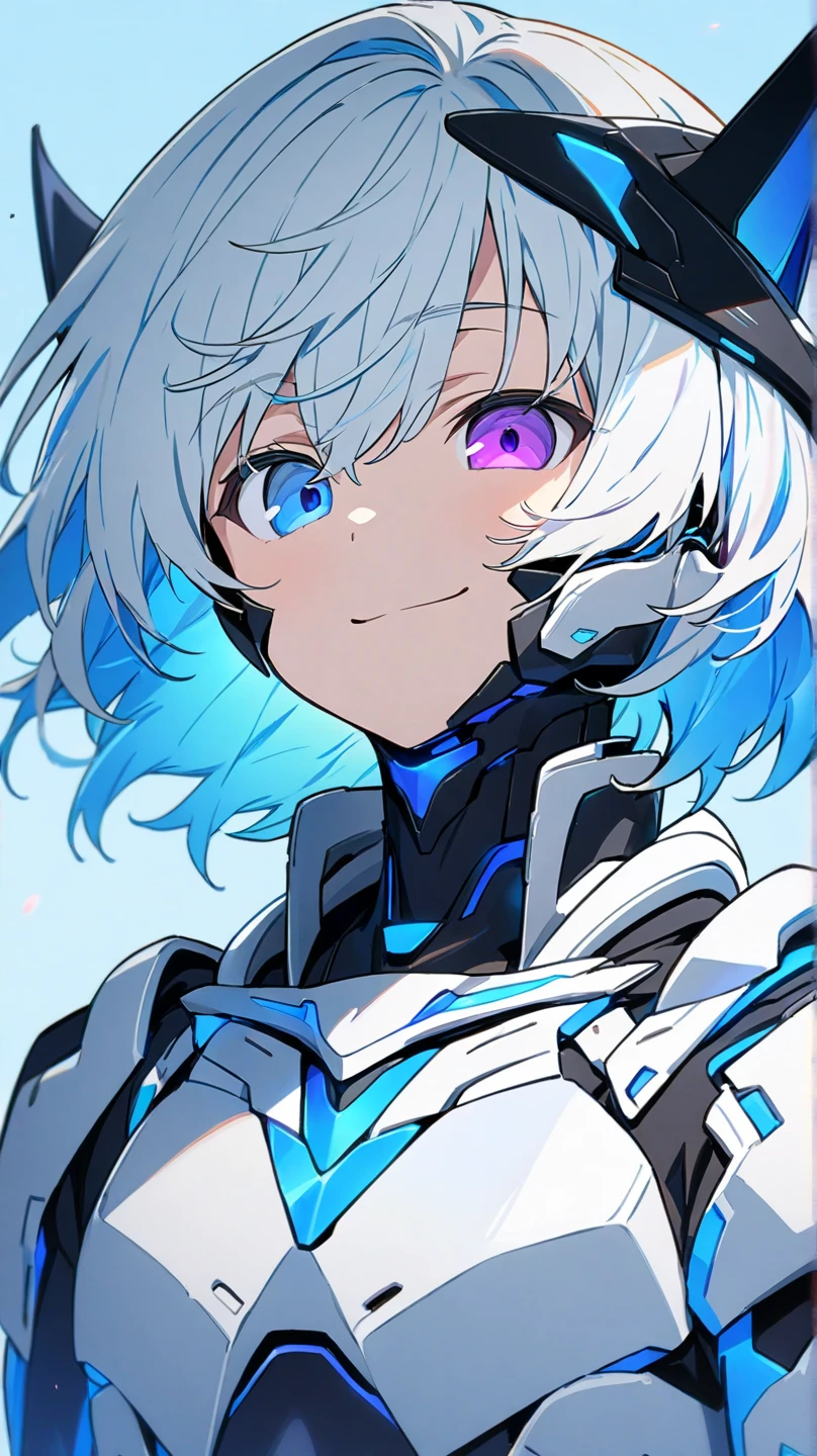 beautiful, masterpiece, Highest quality, anime, One girl, C Cup,Portrait Shot, View your viewers, Covered、Short Hair、nearby、Blue Eyes、art、、White hair,Blue streaked hair、wallpaper、hairpin、Cute smile、Thighs、navel、Floating sci-fi hair accessories、Sci-fi knee-high boots、Cute、Sci-fi underskirt、Sci-fi combat uniform、Funnel、Torn
