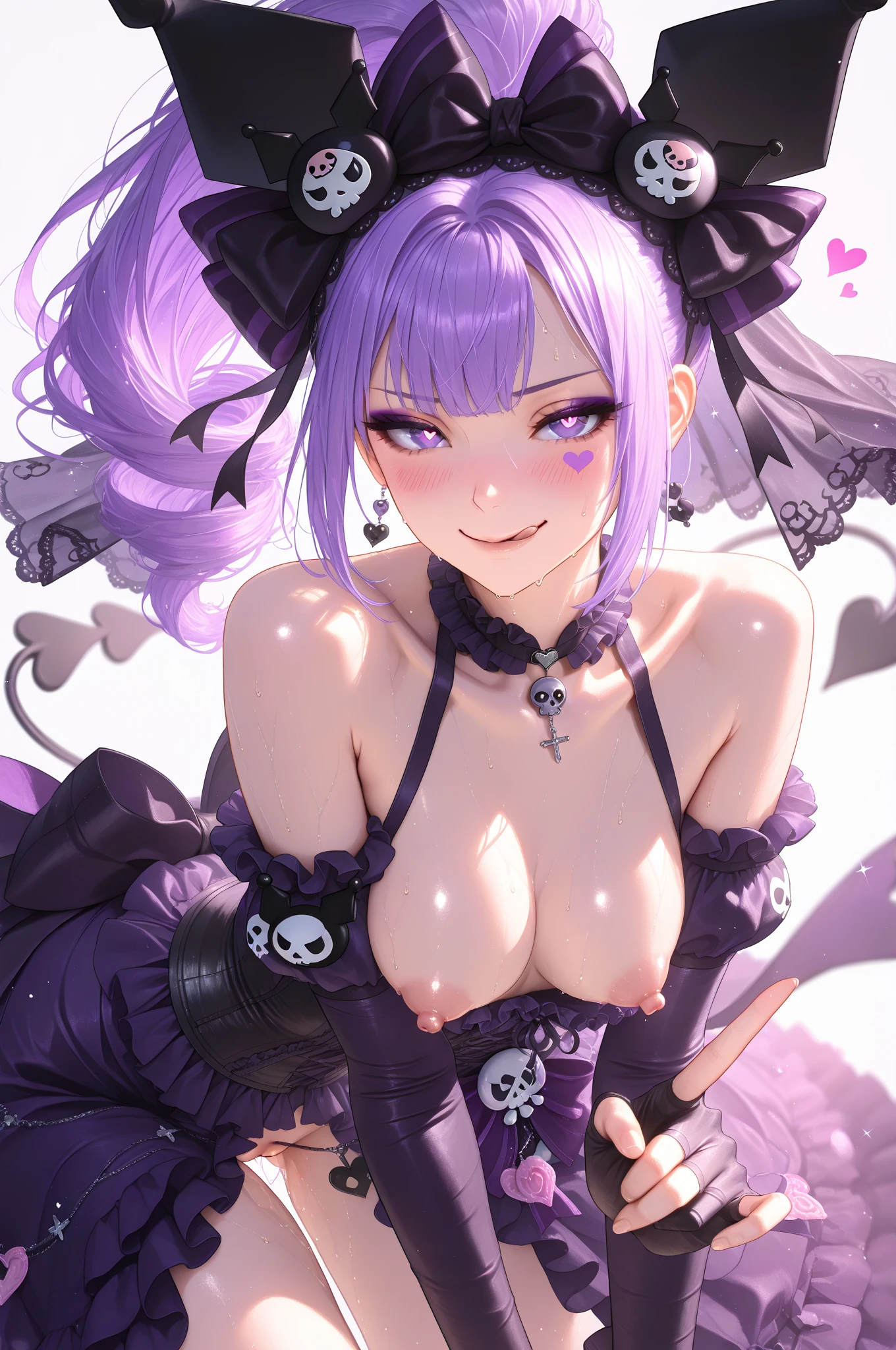 ((top-quality、8K、​masterpiece:1.5))、very sensual beautiful face、1girl in、(((20yr old)))、(Slender figure:1.0)、((((((((Purple hair、Purple eyeshadow))))))))、((((((((poneyTail、Dark Purple Rouge))))))))、((Double Peace Sign))、(((((in a house、Cinema Seating、:1.0)))))、((Shapely))、((((Very toned stomach and lower abdomen))))、Beautiful 、Beautiful 、hyperdetailed face、Detailed lips、A detailed eye、二重まぶた、((((((((severely brainwashed、deeply hypnotized face、The face of a severe aphrodisiac addict、my eyes are so charming.))))))))、、full body Esbian、full-body view、((((((((Black knee socks、Black Gloves、Big black collar and oversized cow neck bell for pets、Big Hoop Earrings))))))))、With my mouth wide open、((Huge breasts and abnormally saggy boobs:2.1))、((((((((Breast size is too large、Make big breasts look even bigger、Both of her breasts are unusually long and saggy、Squeeze out your chest to emphasize your big breasts、Spread your legs to emphasize your ))))))))、((miss universe model body type、Big breasts contest model body type))、((((((((No underhair))))))))、(((Quite tall)))、((((( wide、Spread your thighs naturally、Very happy、Great smile)))))、very beautiful 