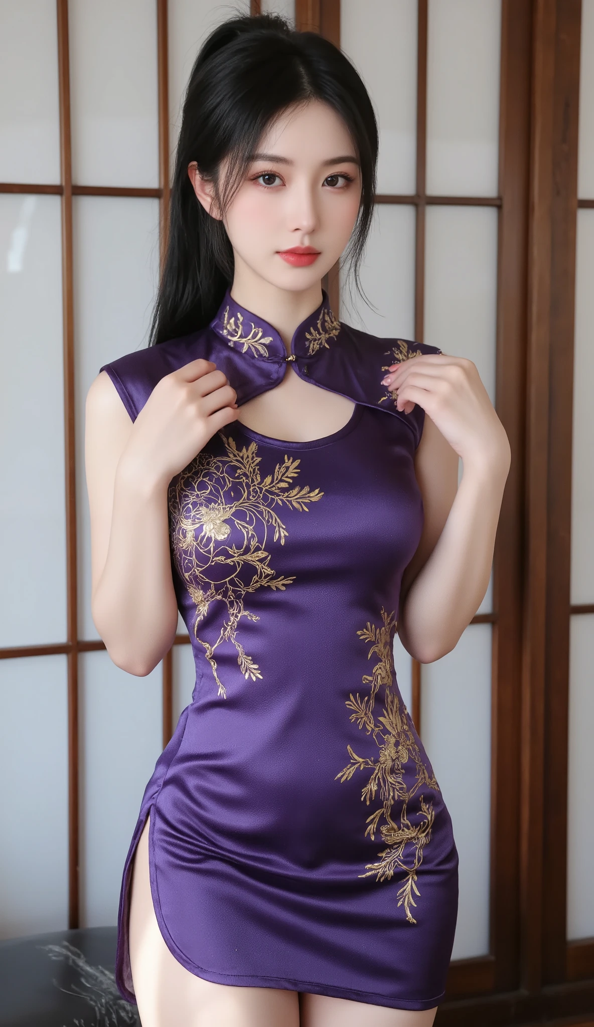 ((Night view, realistic light, best quality, 8k, masterpiece: 1.3)), 1girl, beautiful woman with slender figure, brown hair, wearing black cheongsam, embroidered phoenix pattern, sleeveless, sexy, split end, long legs, standing, white wall, super detailed face, detailed eyes, double eyelids
