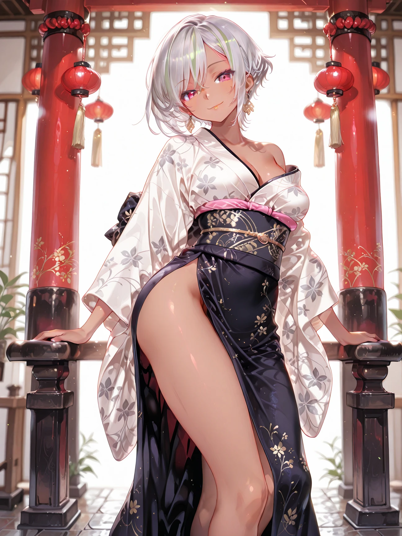 absurdres, RAW photo, extremely delicate and beautiful, masterpiece, Best Quality, ultra high resolution, 32k, hyperrealistic, ultra-detailed, perfect , super Detailed skin, perfect figure, Super Beauty, Perfect Style, Perfect balance, in her 20s, very small head, very small face, delicate  features, tearful mole, earring, huge round breasts,  legs, medium hair, whole body shot, miko, indoor,