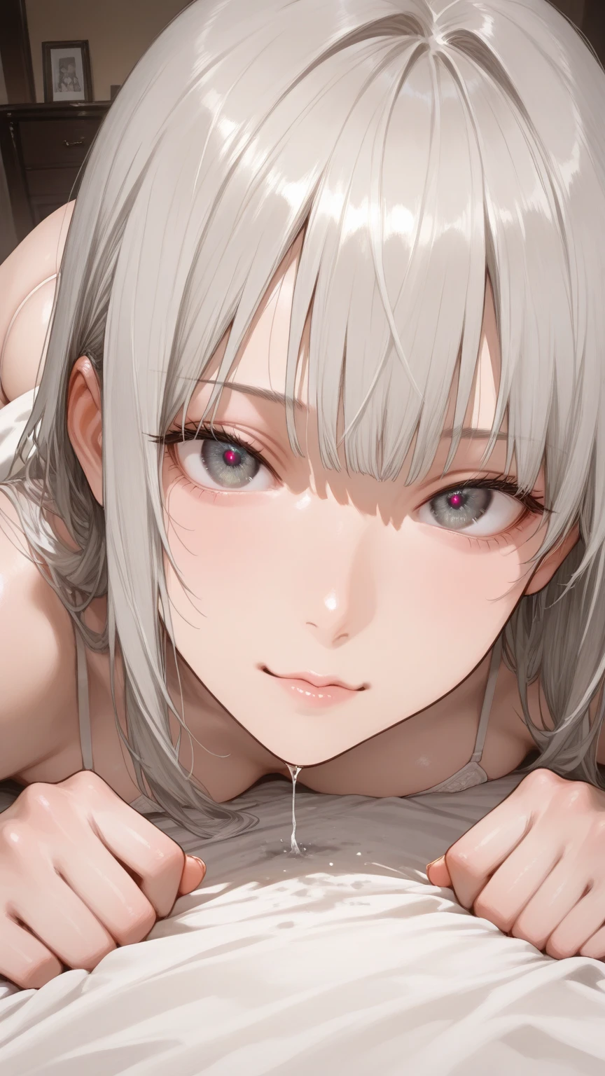 1girll, White hair, Short wavy hair, Purple eyes, completely , average breasts, Slender body, (:1.5), POV hands, head grab, , Teary eyes, Drooling, ( in mouth), (vomiting ), Masterpiece, Best quality, Highly detailed, (:1.5)