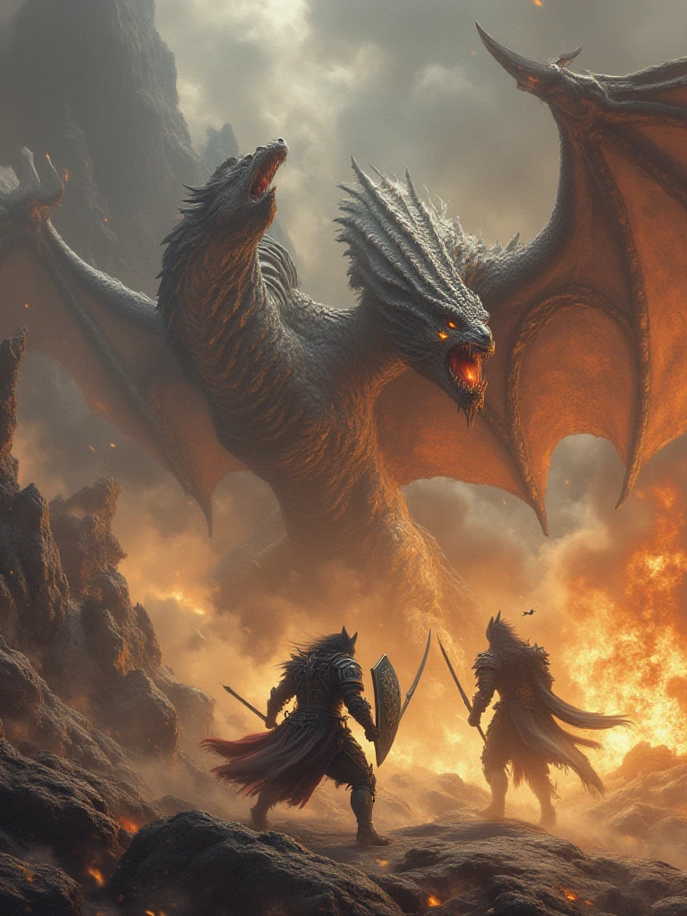 there is a dragon that is standing in the middle of a fire, battle with dragon, 4K fantasy art, 8K fantasy art, Epic Fantasy Illustration, dragons, dragon in the background, fighting a dragon, epic fantasy science fiction illustration, fantasy art behance, d & d fantasy digital art, epic fantasy digital art style, fantasy epic digital art, Epic fantasy work