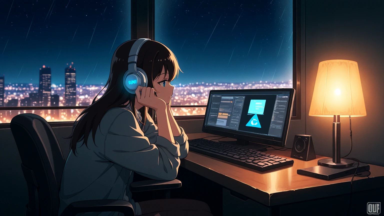 (), anime girl sitting in front of a computer in a cozy bedroom, girl listening to music in a cozy room at (night), using headphones, in a rooftop, (beautiful night views from windows), lots of stuff, 2D anime style, 90s anime aesthetic, Lo-fi, highly detailed, Hard disk, anime style mixed with fujifilm, hyper realistic, 8k, Masterpiece