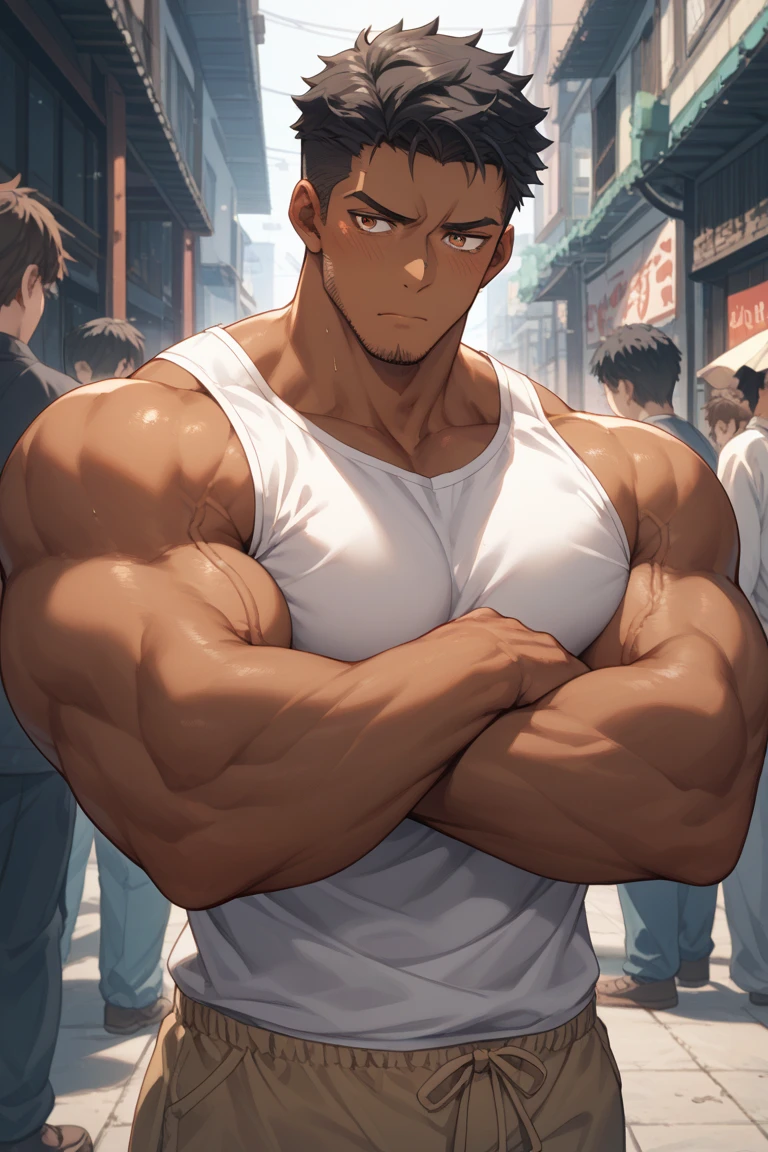 Haz un hombre very, very, very, very musculoso, hypermega beefy, with huge , that they are sweating and that they do not have a shirt or anything to cover their torso, WITHOUT PANTS, that their full body can be seen with abundant and large pectorals, That he is only in his  with hair everywhere, that his  is very marked and super ..