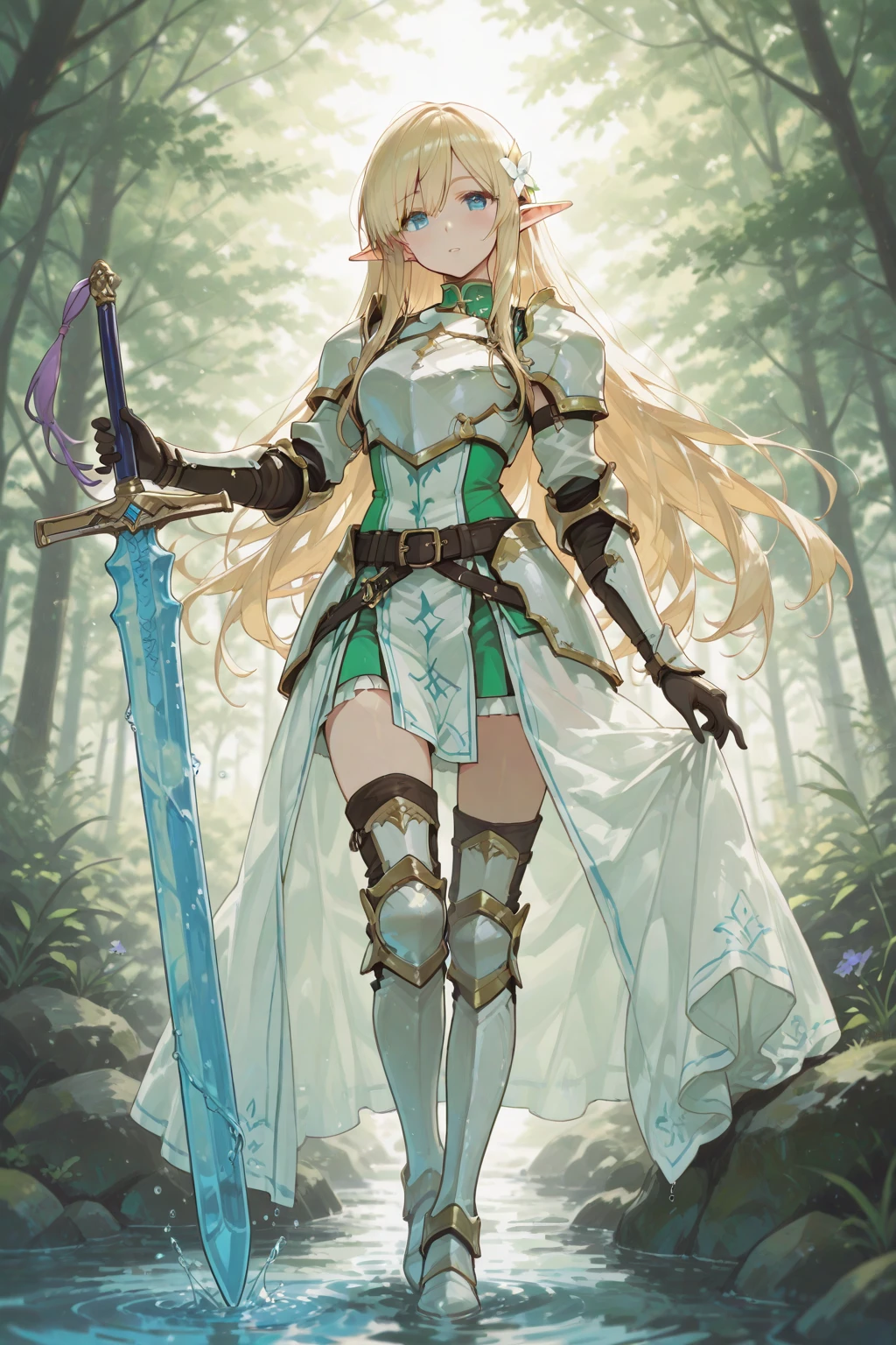 ((Finest quality)),(超A high resolution),(ultra-detailliert),(Meticulous portrayal),((Best Anime)),(Finest works of art),(Ultra-Precision Art),(The art of astounding depiction,Overwhelming depiction:1.5),(Detailed and detailed fantasy art), (Female Knight:1.5),((beauitful face:1.5)), Surrounded by forests and springs:1.3