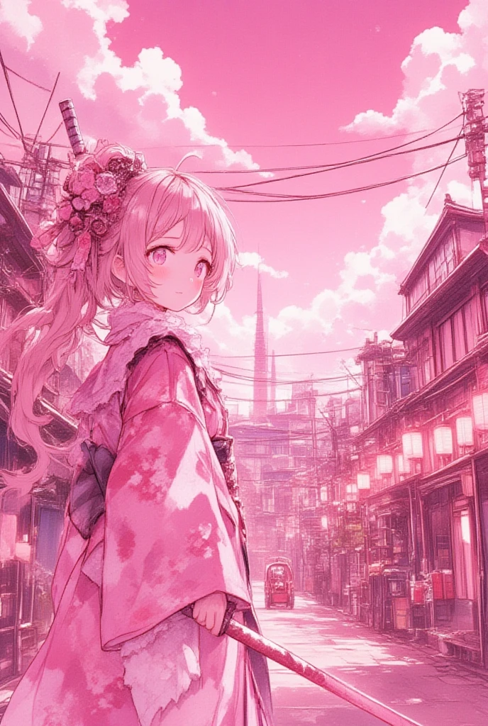 ((A pink-haired))，The hair was long，green eyes,Very long dull hairs，dark city background，white kimono costume，White miko stockings，white , night,standing,pink hair,pink hair,