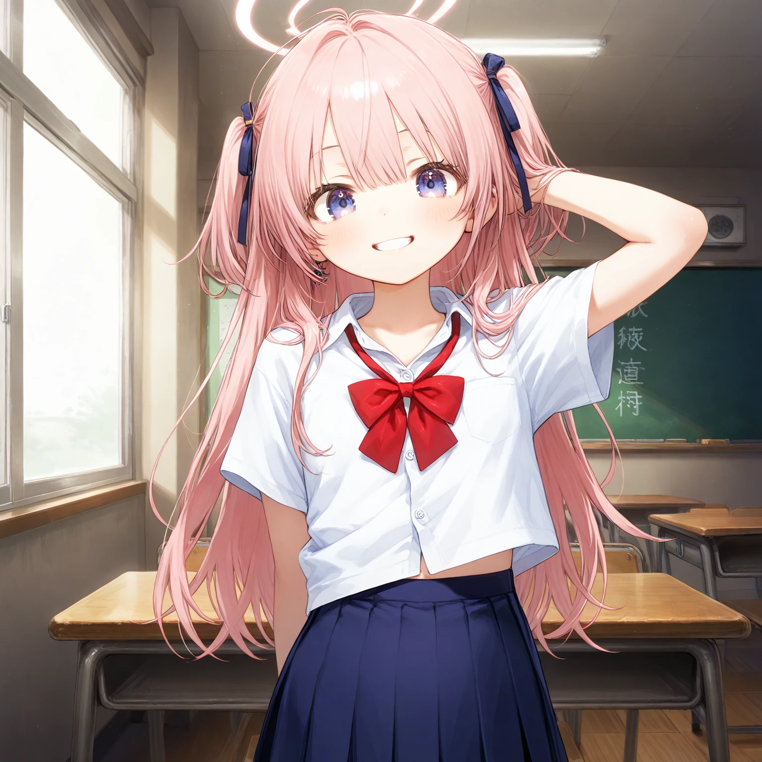 masterpiece, Highest quality, Very detailed, One Girl, Hoshino, White shirt, Pleated skirt, Embarrassing, Are standing,
 Outdoor,Put your arms behind your head