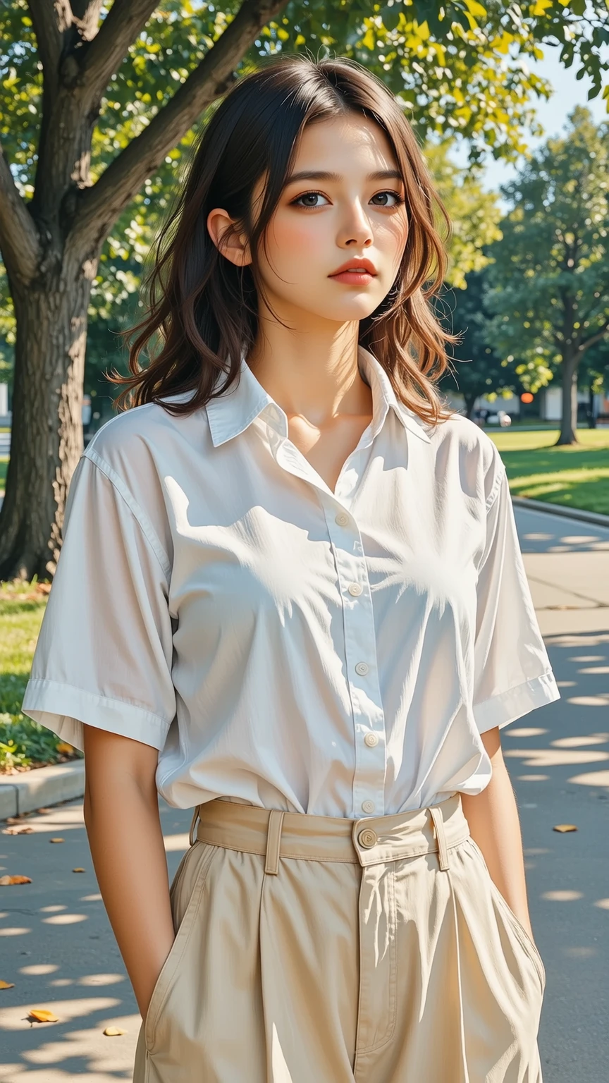 White collared shirt,jeans,outdoors,Urban Park,On the lawn,One woman,close up face,fully body photo,masutepiece, The highest image quality, High quality, the background is clear，Beautiful woman, Japanese, Detailed, Ultra-detailed, finely detail, hight resolution, 8K Wallpaper, Perfect dynamic composition, Beautiful detailed eyes ,Detailed eyes, Detailed skin, Beautiful skin, 超hight resolution, (reality: 1.4),Very beautiful woman, Slightly younger face, Beautiful skin, slender, (Ultra photo realsisim), (hight resolution), (8K), (Very detailed) (beautifully detailed eyes), (super detailed),   (Detailed face), view the viewer, Fine details, Detailed face, Staring straight ahead, Staring straight ahead, photos realistic, Bright lighting, Professional Lighting, Black hair,poneyTail,a baby face,sixteen years old,Hairstyle: ponytail,Long ponytail hairstyle,slight smile,