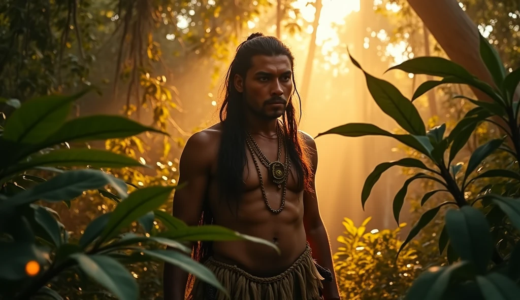 indigenous brazilian native man, sem barba, nenhum pelo no rosto, pele avermelhada bronzeada, sem camisa, wearing a skirt made of fern covering her , DE COSTAS sem mostrar o rosto, hunter with bow and arrow in the middle of the woods. arvores coloridas. feathered headdress on the head