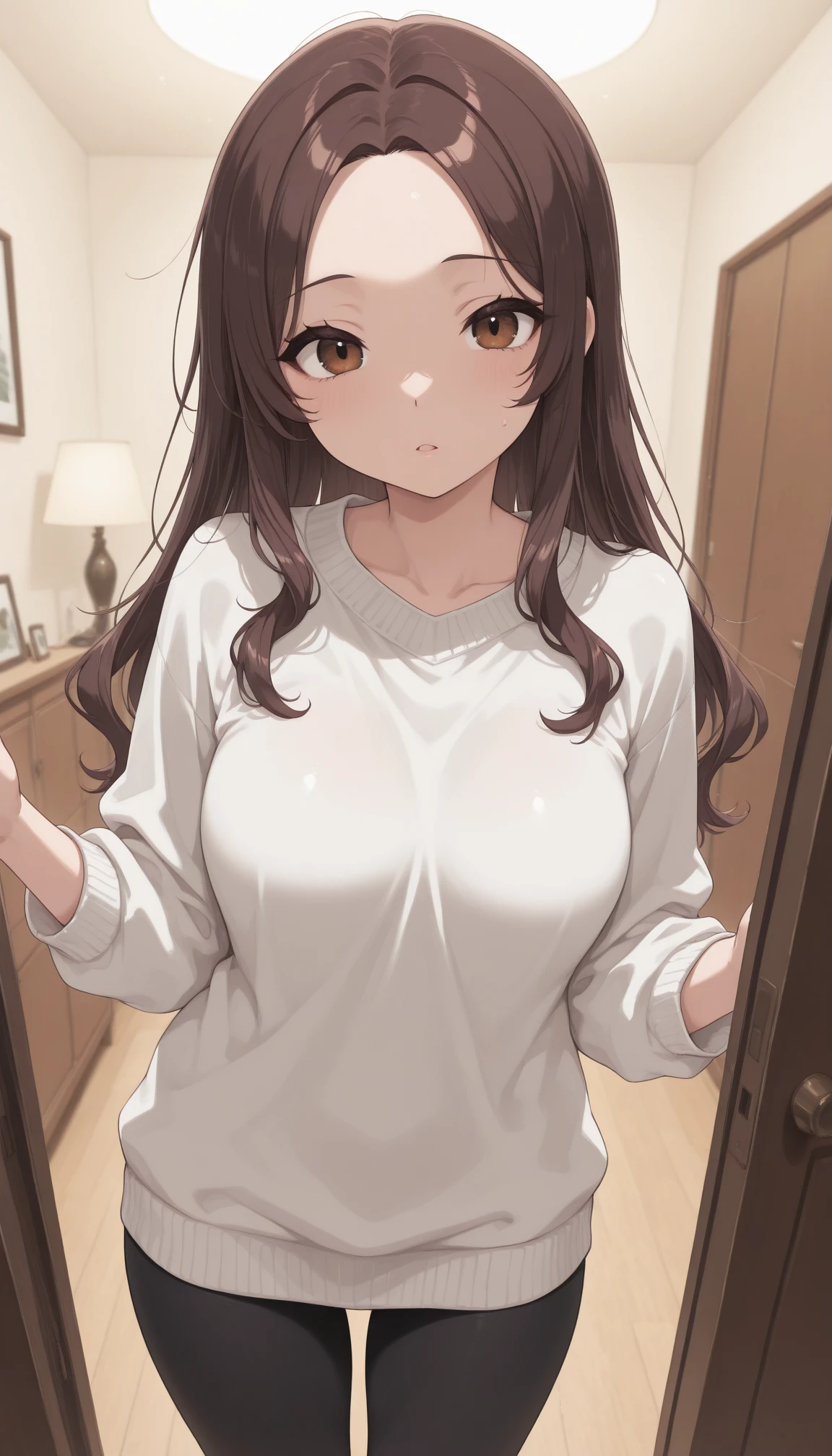 1girl, , , tight shirt, big chest, reaching at the top of a cupboard, shiny skin