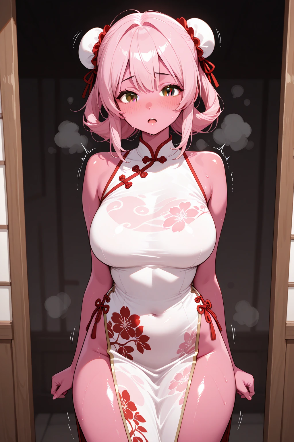 nsfw,((Masterpiece)),((high resolution)),((Best Quality)),Anime illustration,((1girl)),(wavy hair),(short hair),(pale pink hair color),small ponytail,Red eyes,(Big round eyes),((tareme)),12 years old,((loli face)),((very big breasts)),Short stature,,,china dress,blush,I'm very embarrassed,arms up behind,