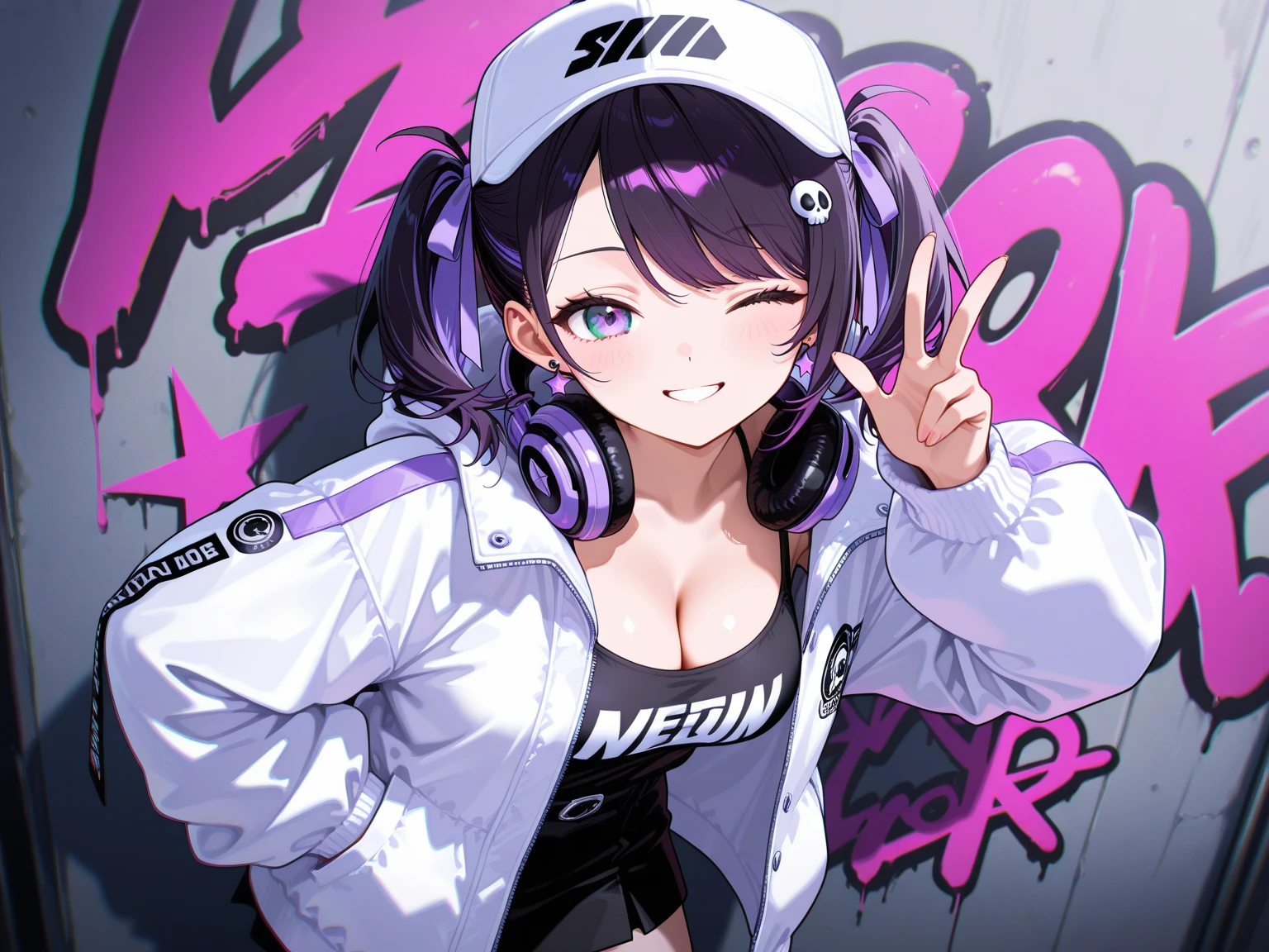 Youngh, multicolored hair, Short Purple Hair with Yellow Tips, fox ears, blue colored eyes, ssmile, open tummy, purple t-shirt, Breasts huge, red tattoos, shorts, work of art, high qualiy, 4K, High definition, bom detalhe