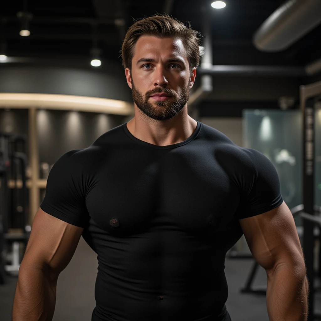 White Teenage boy , MMA fighter, 18 years old, military haircut, black hair, green eyes fixed, affiliated features, no  hair, height 1.93, weight 100 kg, aesthetic muscular build, broad shoulders, V-shaped body, full body focus, completely hairless,