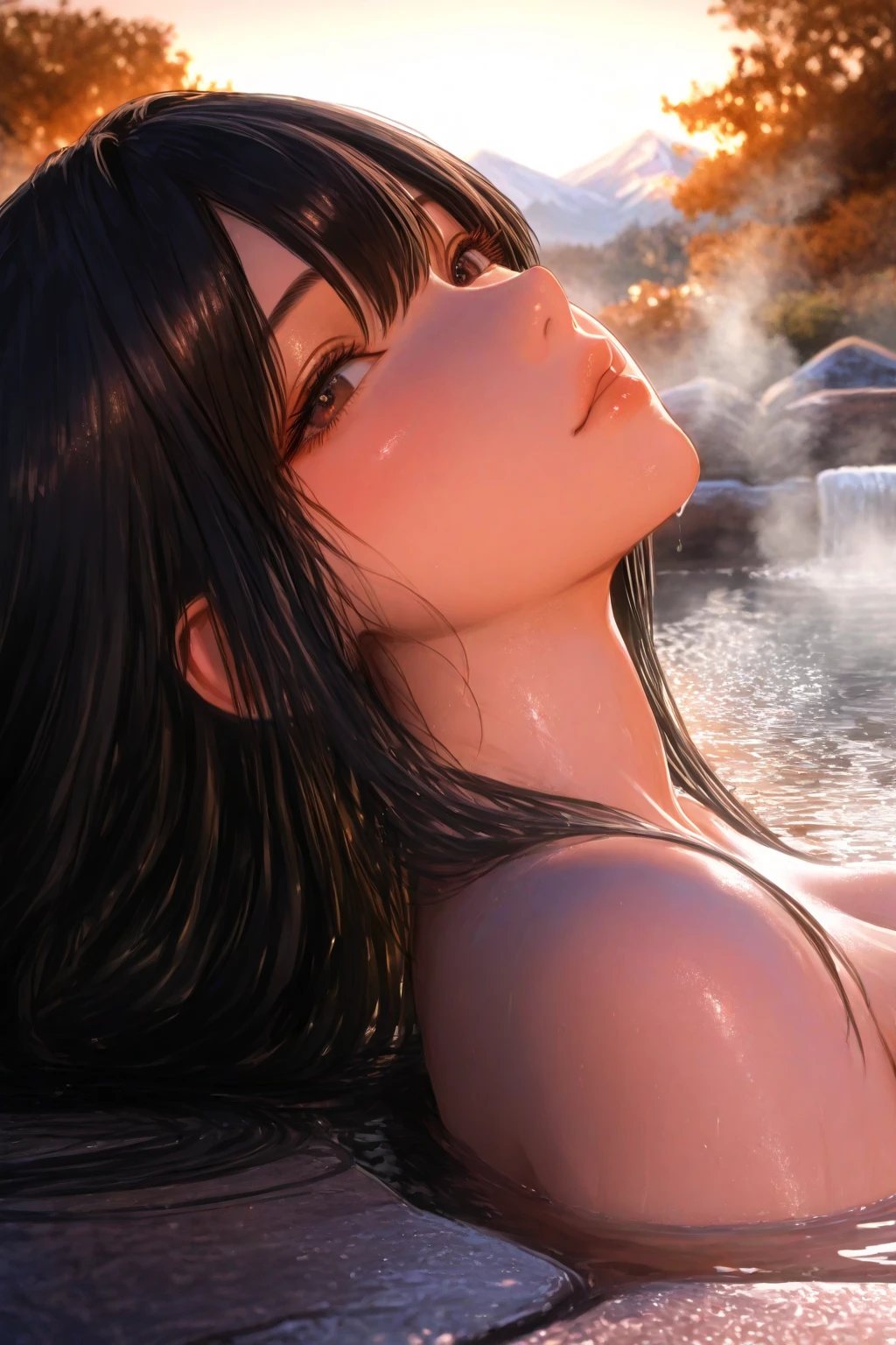Anime girl with long black hair and golden eyes bathing in a hot spring