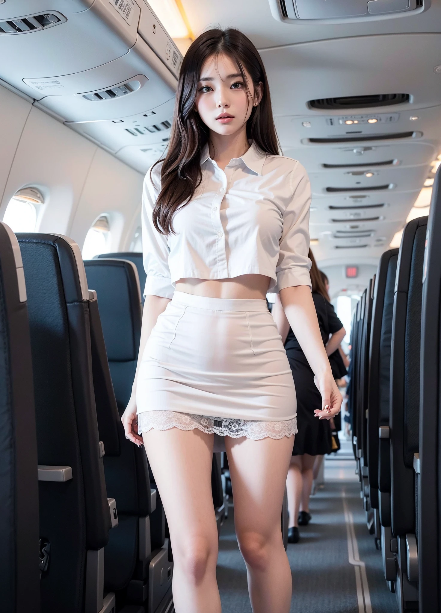 8K、Photo image masterpiece、highest quality、Super-resolution、Angle low-angle image from the feet、Beautiful woman with golden curly hair、((Blonde beauty))、With bangs、Impossibly cute face、And slim、Small breasts、High resolution、masterpiece、Exquisite Function 、Delicate eyes、Delicate blonde hair、8K quality、Pale light and shadow、Dindal effect、Messy, tousled blonde hair、With bangs、Random Hairstyles、((A photo from the delicate feet)、(Detailed RAW Photos of Girls)、(Tabletop:1.25)、 (Highest quality:1.6)、(超High resolution:1.5)、(Real:1.75)、8k resolution、Image from the foot、 (RAW Photos:1.2), (Realistic:1.4), Beautiful detailed woman, Very narrow waist、Very detailed eyes and face, Beautiful fine details, Ridiculous、Large file size、Very detailed、High resolution、highest quality、masterpiece、((Lightweight summer blouses and skirts in a variety of shapes and colors))、Very detailed、CG、Unified、8k wallpaper、wonderful、The finer detailasterpiece、highest quality、 Light on the face、Cinema Lighting、One 23 year old woman、((Woman sitting in the front seat of a train、thighs are closed、Wearing high heels、White Stockings、garter belt、Direct light from below、The inside of the skirt is also clearly visible.、Liked images、Random color and shape   、See-through  、))