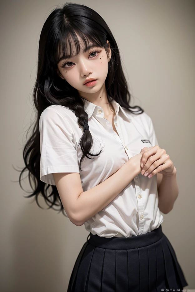 (Highest quality, 8K, masterpiece ), A 12-year-old junior high school student with a young face、 The eyes are large and clear、Black Hair、Wearing a mask:1.4、White Button Down Shirt、Glamour thighs:1.2、, Highly detailed face, double eyelid, Strong natural light、whole body、Sexy thighs:1.2、Side angle,Diagonal horizontal angle:1.2、Black 、On the bed、thin frame glasses