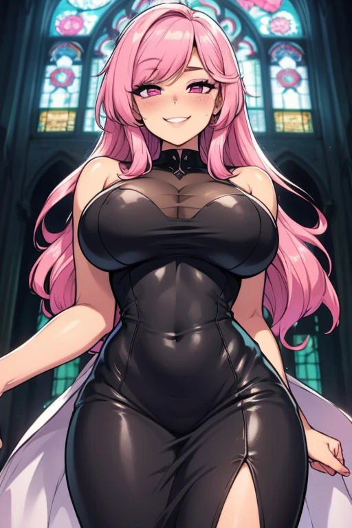 Perfect face. Perfect hands. A pink haired woman with violet eyes and and hourglass figure long hair is exploring a mausoleum in a fancy suit with a big smile