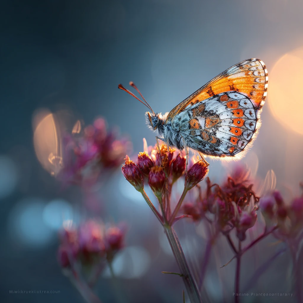 Mariposa fucsia, volando sobrfe un mar azul en libertad.