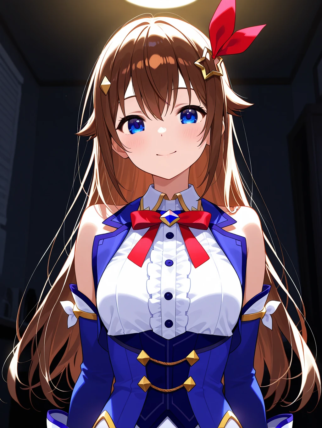 Karen Chan( Uma Musume)、black earring, when I look up、最高masterpiece、 Highest Image Quality、 super precise CG unified 8k wallpaper 、anime「 Uma Musume」Accurate illustrations of the characters、Light effects、masterpiece、 best quality 、 absurd、 detailed skin、 Official Art、masterpieCe、 best quality 、Ultra HD quality details、animeスタイル、、indoor、 dressing room、 cowboy shooting, (( 1 girl)), one girl、 horse ears、smile、 watch the viewers、(holding white ))、Confused、薄いsmile、Tracen Uniform、 summer uniform、Sera Clothing、 puffy short sleeve、Purple Bowtie 、Horseshoe ornament、 sailor color 、 sailor shirt 、 purple shirt 、 white skirt 、 pleated skirt、 flared skirt、 、Extraordinary Realm 、White Knee Highs、 holding unused clothes 、holding underweareyebrows 、((holding white ))、 (((( stand and present the with both hands))), ((( stand with both hands to show off the you took off ))), Beautiful hands , Beautiful Fingers , steam, cigarette, Body without discomfort , , Cleevidge , Kirby is small , Medium , ((Masterpiece)), ( best quality ), ( is ridiculous), ( Ultra Details), ( very aesthetic)