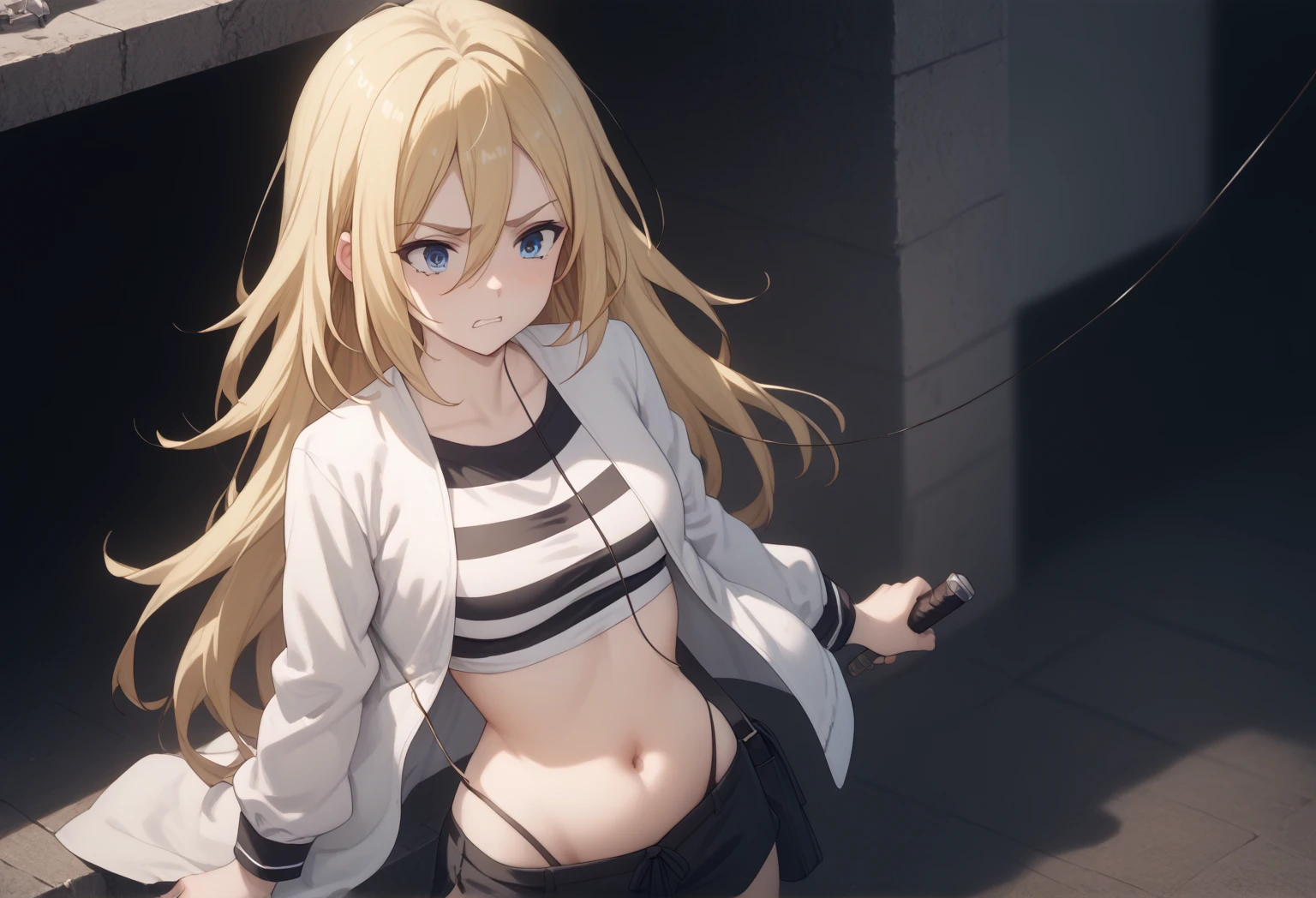 ((collar,leash,tied up,,scared expression)),1Girl, solo,yellow eyes, blonde hair,,shorts,top-tank
