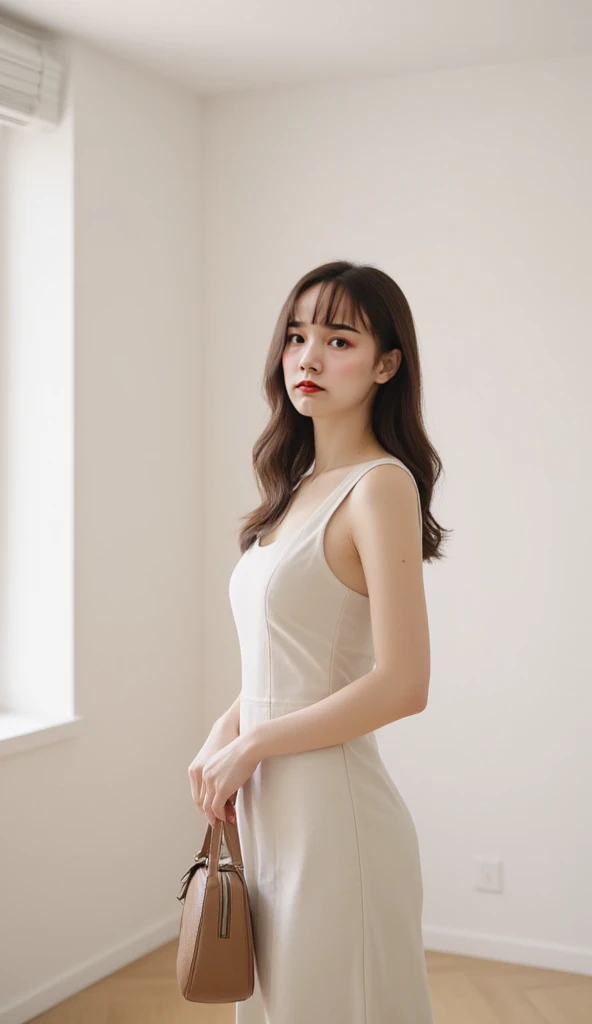 A very young girl is taking a fashion photo looking at the camera, Taken in 2024, 摆出休闲姿势, 1, profile photo, Kelly Mandel, 2, She is wearing a super mini tight dress, She has an hourglass figure and huge natural