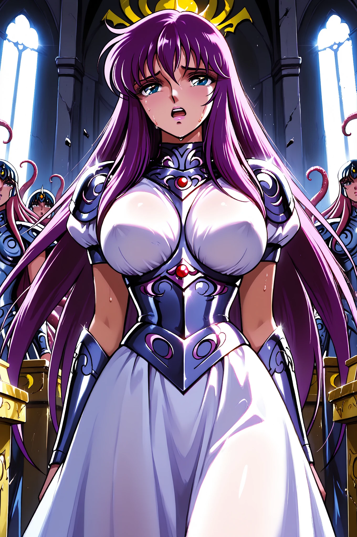 "(masterpiece:1.1), best quality, , 
1girl, (80s anime style:1.3), (eyelashes:1.5), (:1.2), 
(intricate high detailed body:1.2), 
indigo hair, (bangs:1.1), (long hair, french braid:1.1), (hair ornament:1.2), 
blue eyes, (red lip stick:1.3), 
(dark skin:1.4), (curvy body:1.1), (gigantic breasts:1.3), 
(expressionless:1.2), open mouth, 
( cloth leotard armor, corset:1.2), 
(knight armor, armored boots:1.2), (suspenders:1.1), (jewelry:1.1), necklace, 
standing, arms behind back, 
(upper body, cowboy shot, looking at viewer, from front:1.1),
(daytime, grassland, outdoors:1.2)"