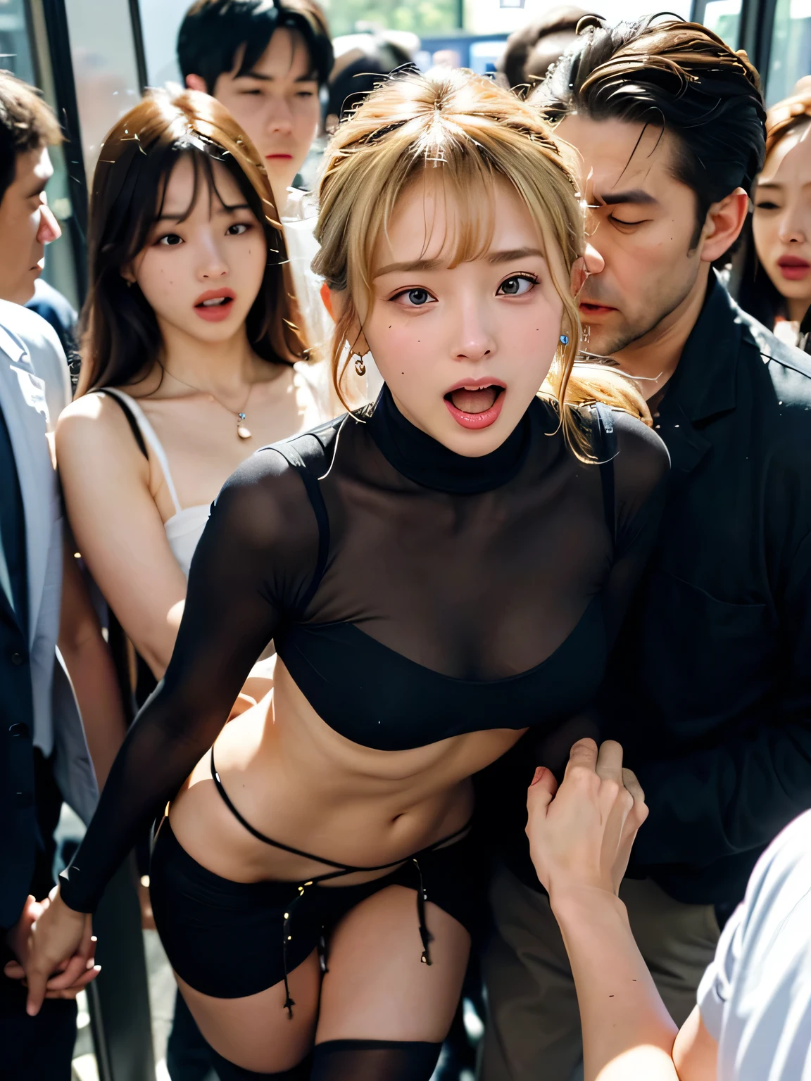, , vaginale, , , pubic hair, Ass, checked , lift skirt, , from bottom, big breasts, wet ,  (((She was placed among the men、Touching the  with fingers:1.3))), 8K, Photographic images, masterpiece, 最high quality, Super Resolution, Beautiful woman with golden curly hair, ((Blonde beauty)), With bangs, Incredibly cute face, And slim, Small breasts, high quality, masterpiece, exquisite features, She looks sad, Delicate eyes, delicate golden hair, 8K quality, Pale light and shadow, Dindal effect, disheveled golden hair, With bangs, A Young Country,  scenes, rock, (element), Very bright white background, (Group molesters:1.3), 1 girl, (Image from below front), She was finger  by several men、(((Inside a crowded train in Japan))), (The men are standing around her), (Super beautiful face),  skin., Pink , Thin pubic hair), ( She was grabbed by a man, The men put their hands around her buttocks..:1.3), (Her  is being lifted up by the men.), (((the man's's hands touch her crotch、He's  her with his fingers.))), (((A man puts his hand inside her skirt))), (((A man tugs at her torn skirt))), (((Anxious and embarrassed, Her ecstatic expression), (Her mouth is half open), (She is embarrassed and looks down..), (She is very reluctant), (She is refusing), (Very troubled look)( of pain))),