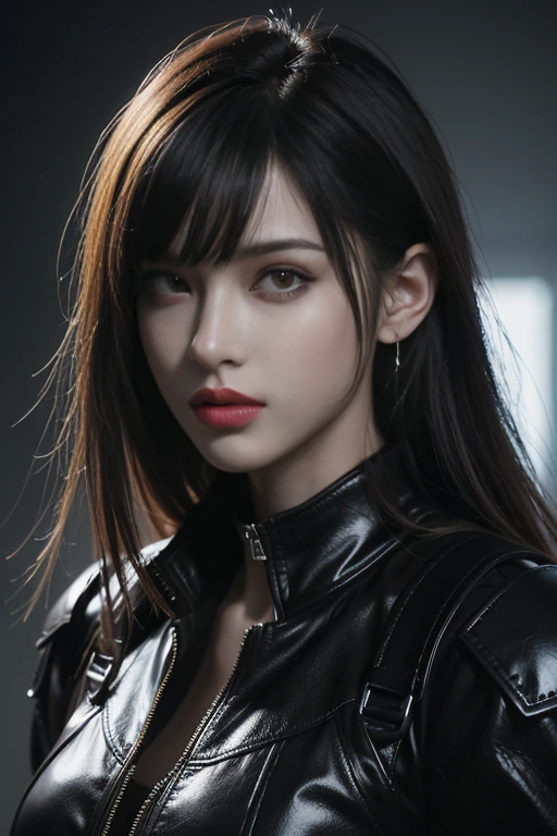 tmasterpiece,Best quality,A high resolution,8K,(Portrait photograph:1.5),(ROriginal photo),real photograph,digital photography,(Combination of cyberpunk and fantasy style),(Female soldier),20 year old girl,random hair style,By bangs,(Red eyeigchest, accessories,Redlip,(He frowned,Sneer),(Cyberpunk combined with fantasy style clothing,Openwork design,joint armor,police uniforms,White jacket,Red),exposing your navel,Photo pose,Realisticstyle,Thunder and lightning on rainy day,(Thunder magic),oc render reflection texture
