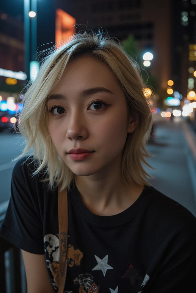 Asian girl with white wavy hair and red eyes 