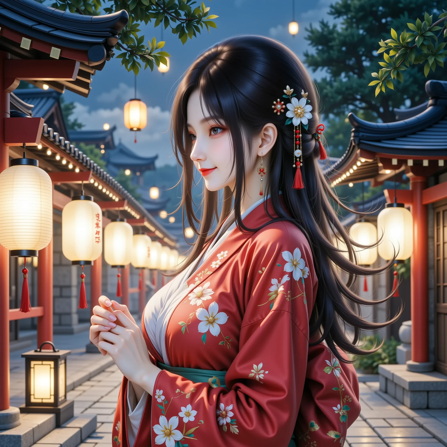 best quality, masterpiece, highres,, 1girl, Detailed face, (Upper body:1.6), Cyber cities, mountains and rivers, night, firefly lights, Realistic, rich in detail, (White hanfu:1.2), (beautiful body:1.4),