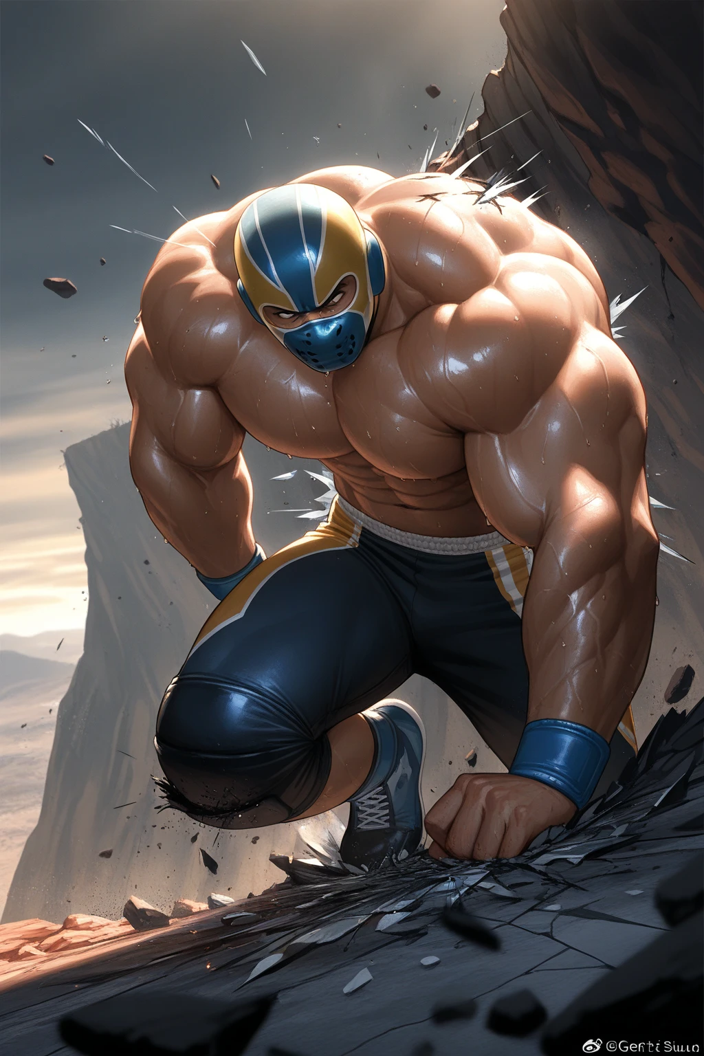 Desert Oasis,Huge muscles,Huge ,Boy wearing a blue helmet,