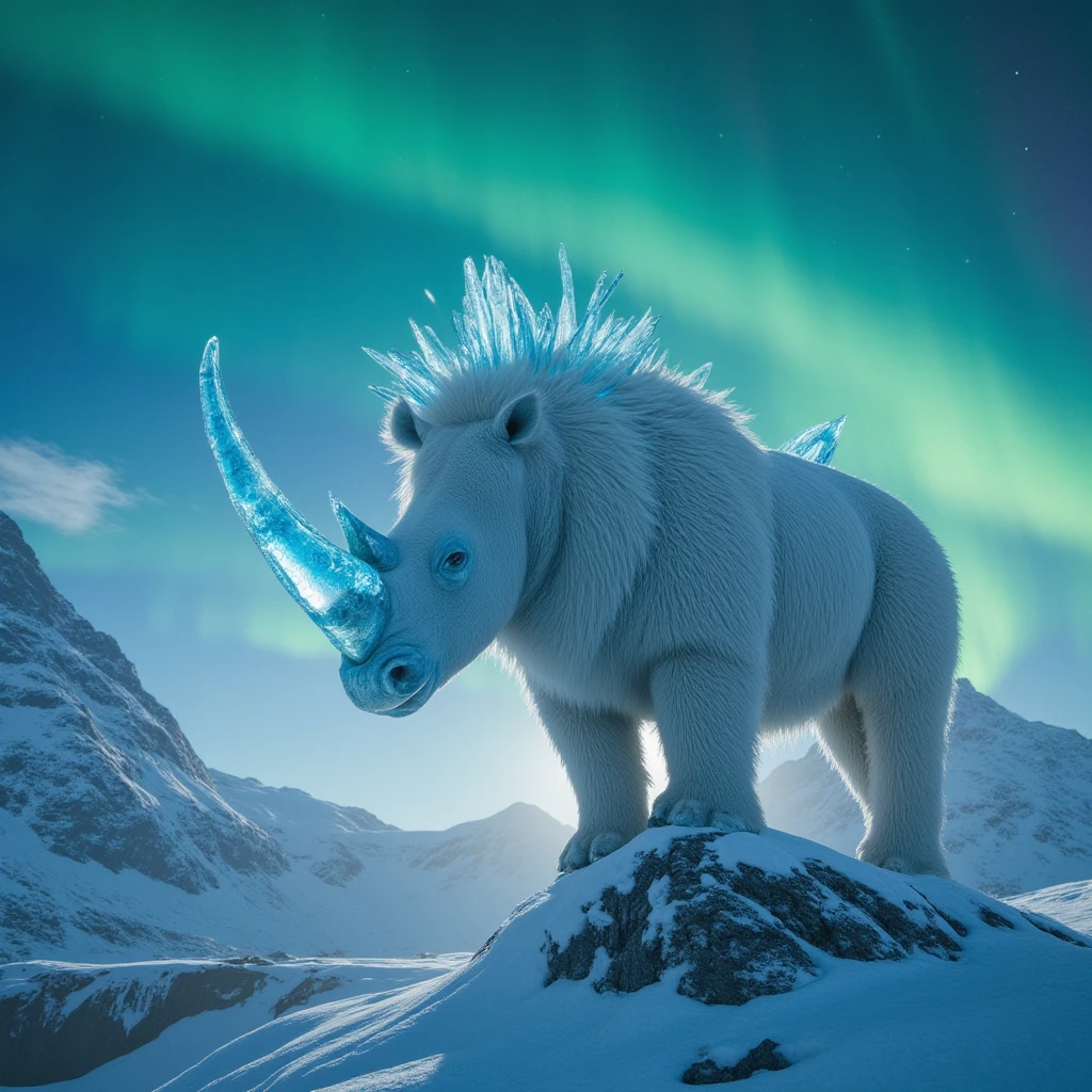 masterpiece, best quality,night, star_\(sky\), ice age, landscape covered entirely in ice and snow, starry_sky, mountain, sky, cloud, scenery, snow, aurora, horizon, ocean, shooting_star, light_particles, night, (wooly mammoth)