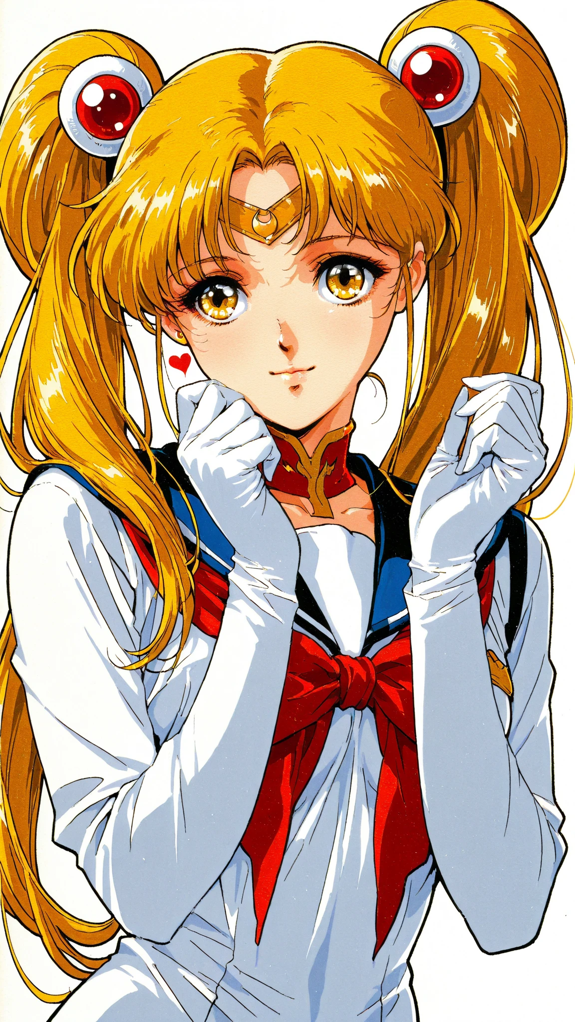(masterpiece, highest quality, so beautiful, Super detailed), Intricate details, 4K, brother, Long Hair, Double good, Twin tails, Parted bangs, tiara, Earrings, blue eyes, Red choker, Blue sailor collar, Red Bow, White shirt, Elbow hand pockets, White gloves, Blue Skirt, smile, be quiet, Leaning forward, Upper Body, Put your finger to your mouth, White background