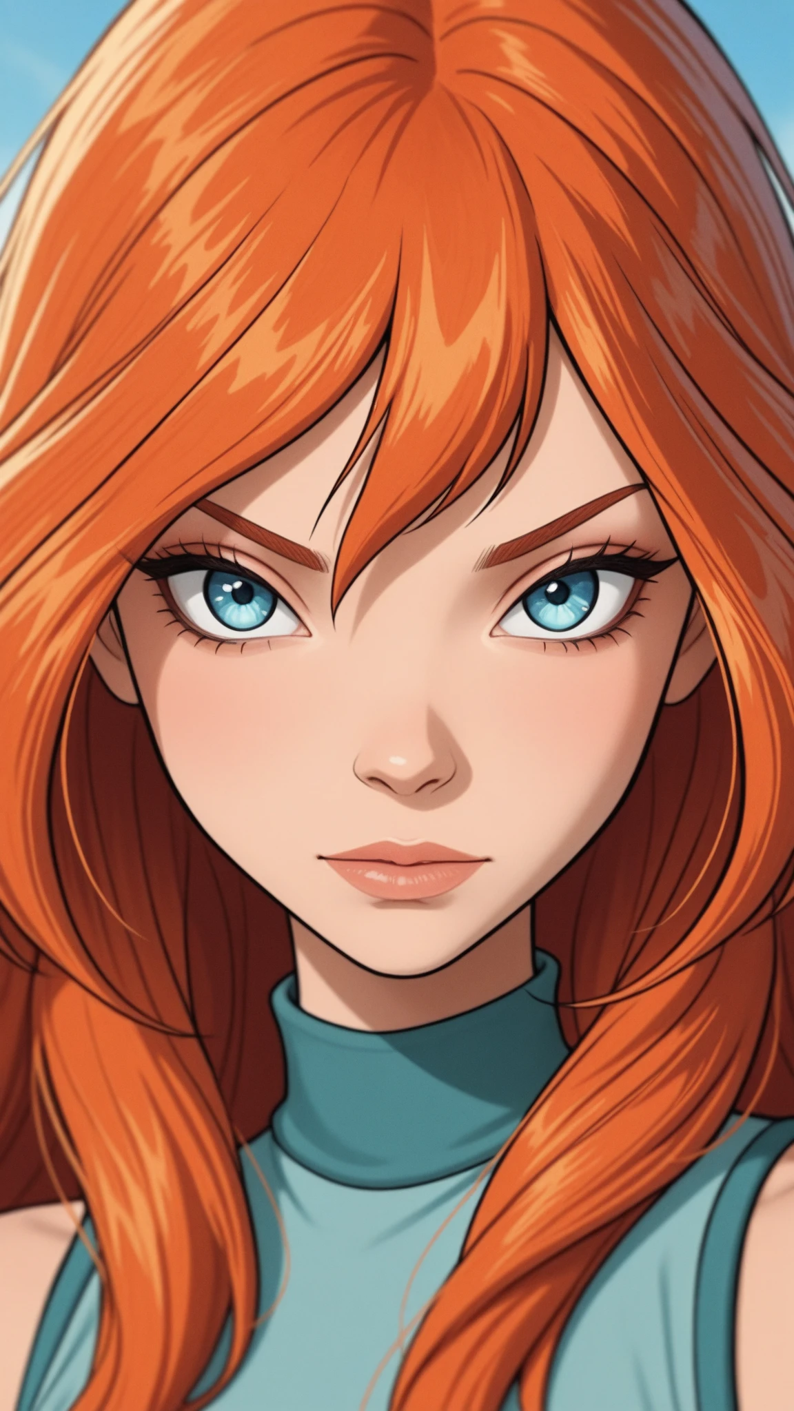 (masterpiece, best quality), face portrait of sam \(totally spies\), orange hair, long hair, green eyes, green body suit, looking at viewer, ((angry expression)), shouting, mad, (white background)