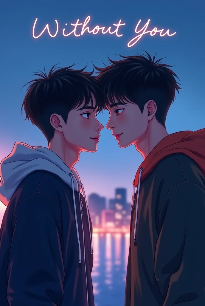 a gay couple hugging, cute movie scene, rainy, two men