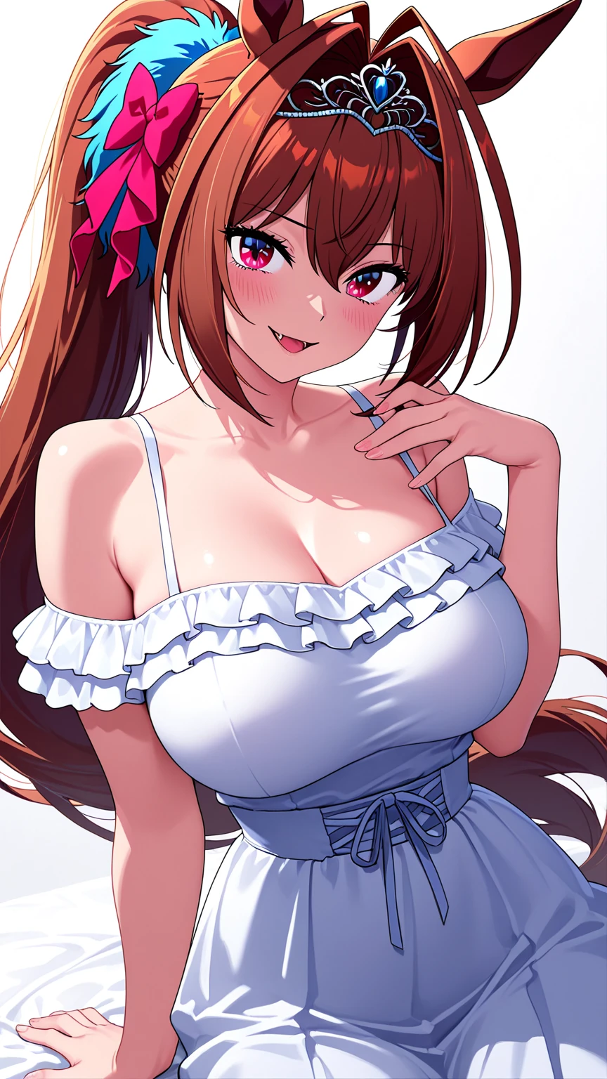 Ochako, 1girl, breasts, solo, smile, dress, looking at viewer, cleavage, blush,  shoulders, arms behind back, white dress, grey background, sidelocks, sleeveless dress, medium breasts, sleeveless, closed mouth, bangs, simple background, collarbone, leaning forward
