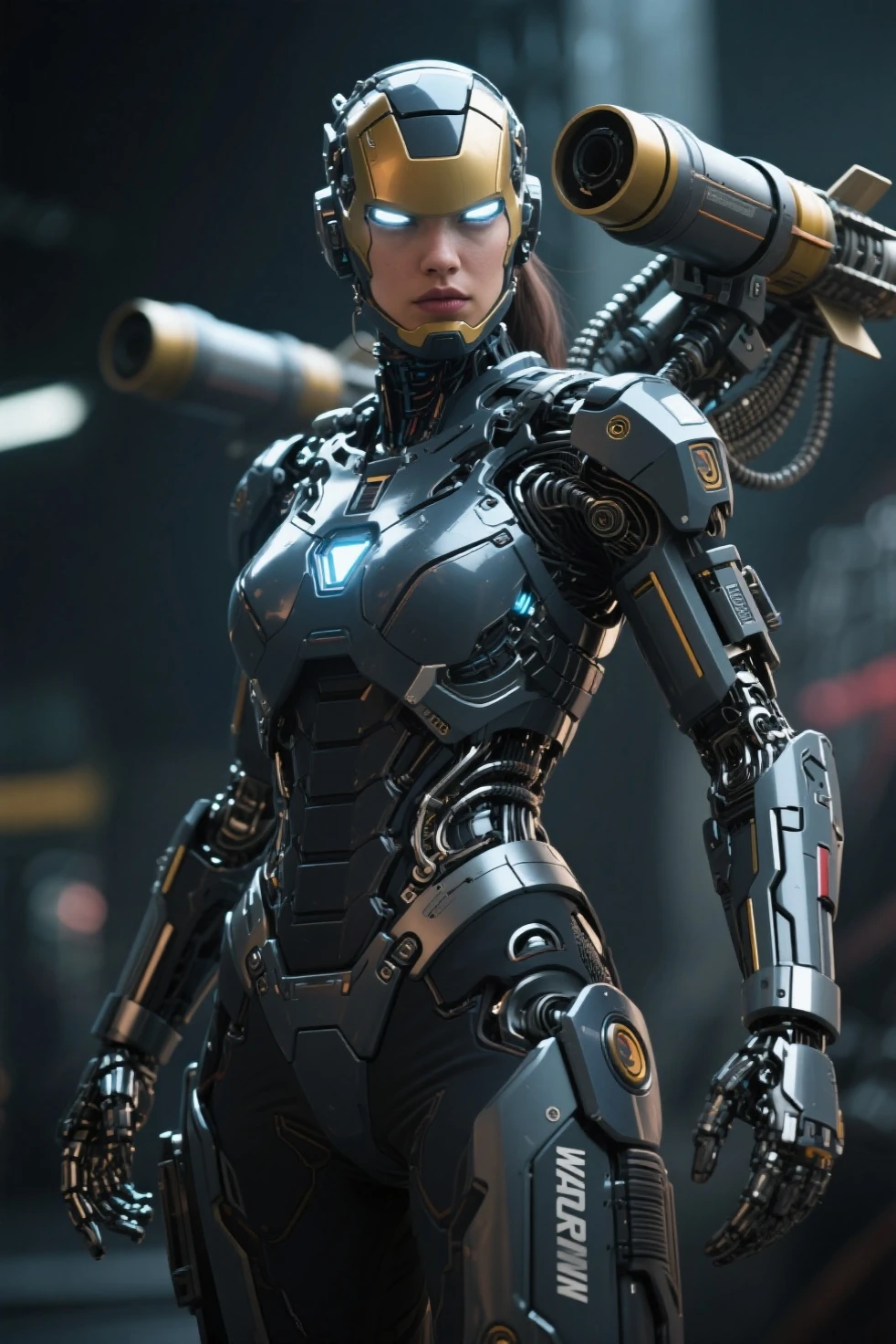 A cute beautiful girl made of metal, (cyborg: 1.1), ([tail|detailed wire]: 1.3), (intricate detail), hdr, (hyperdetailed: 1.2), cinematic lens, halo shadow, centered