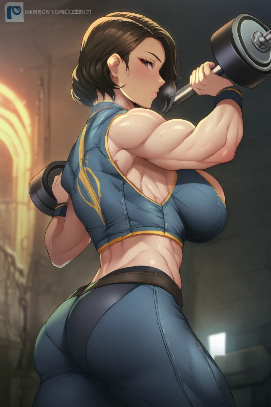 (Perfect body),Best Quality,(8K Portrait),(Official art)、(((muscular)))、(Police Hat)、embarrassed from、V-shaped eyebrows、showing teeth、(((blush))),(Sweat),((((large udder))))、((Big ass))、(Dark hair),((bob cuts)), blush,Short hair, (Yellow eyes),(((thick thighs)))、Navy blue jacket、(((Navy blue leotard)))、((()))、In the street