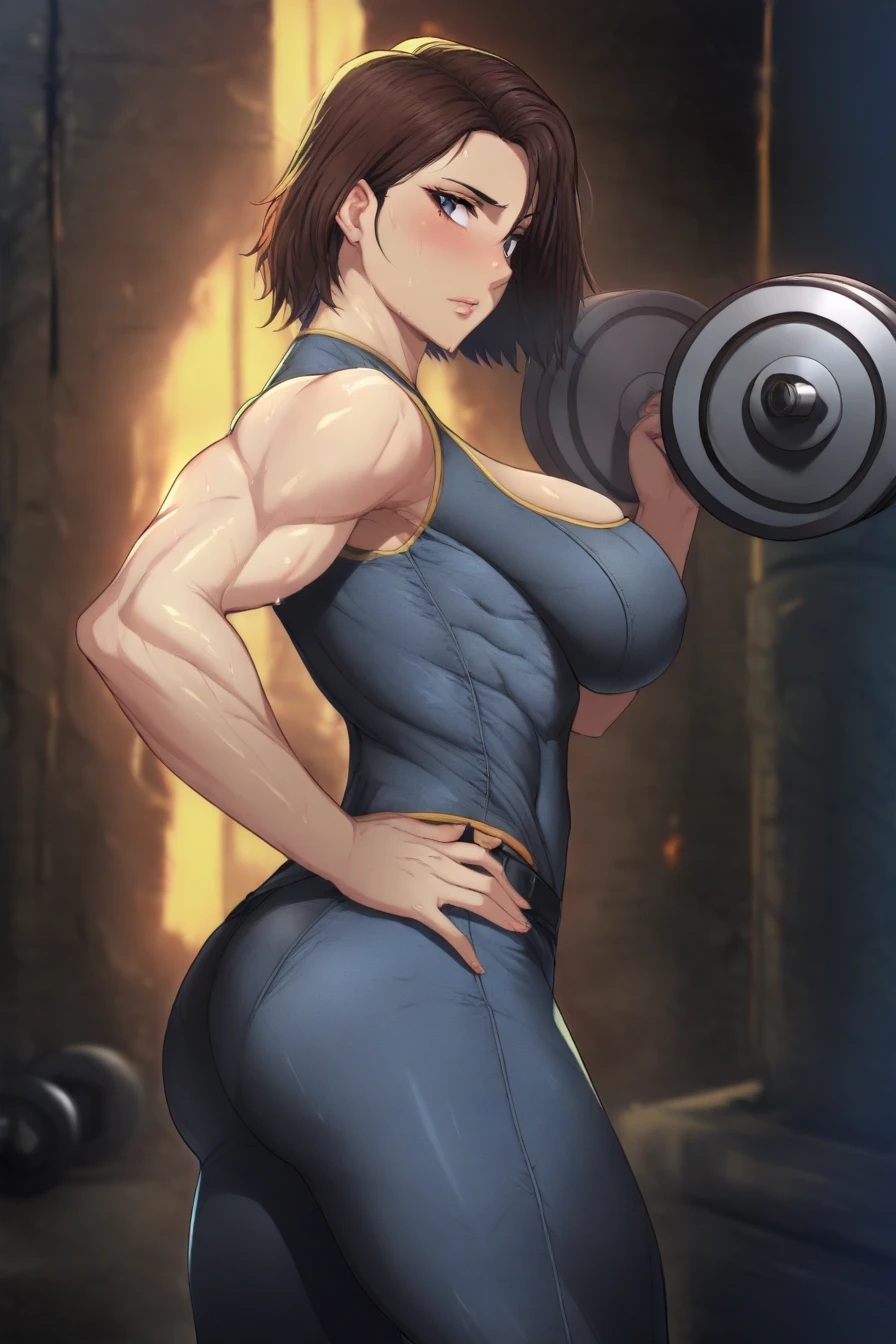 Breast hug,leaning Forward,  Sweat:, Top quality, one beautiFul woman, 10 years old, Dark purple eyes, 35mm lens, F/1, Extra long hair, Purple Hair, Pale skin, , Slender figure,model, Show muscles,(((Evil Smile,Spooky))) ,Show your muscles, (Purple Bikini:2), permanent, (View:1.5), Forehead, single bun,(((Bodybuilder:1.5))),Super Muscle