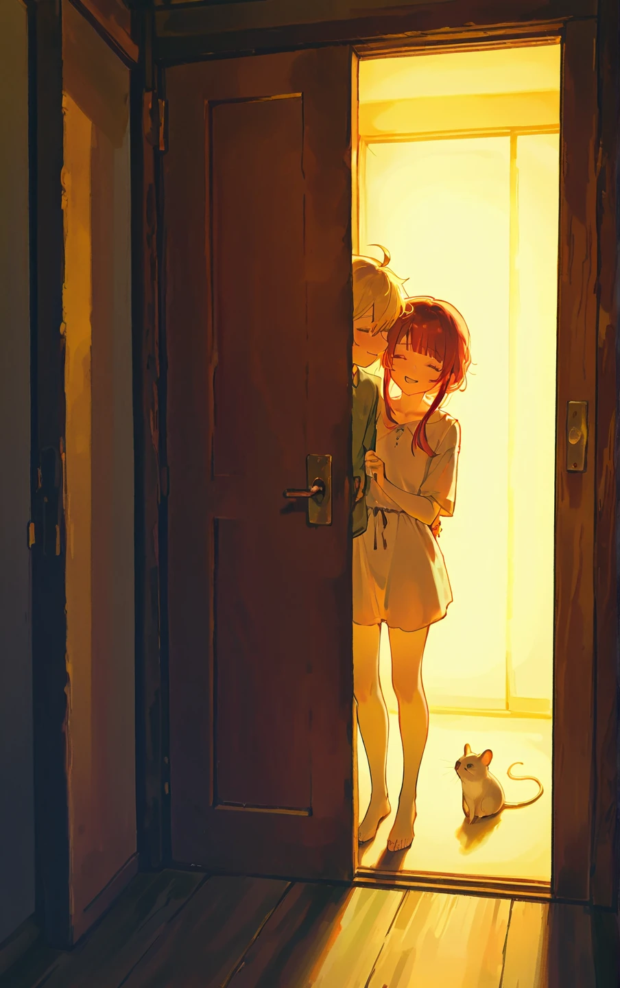 Girl with brown curly hair next to a black cat with blue eyes, sitting together in a cabin 