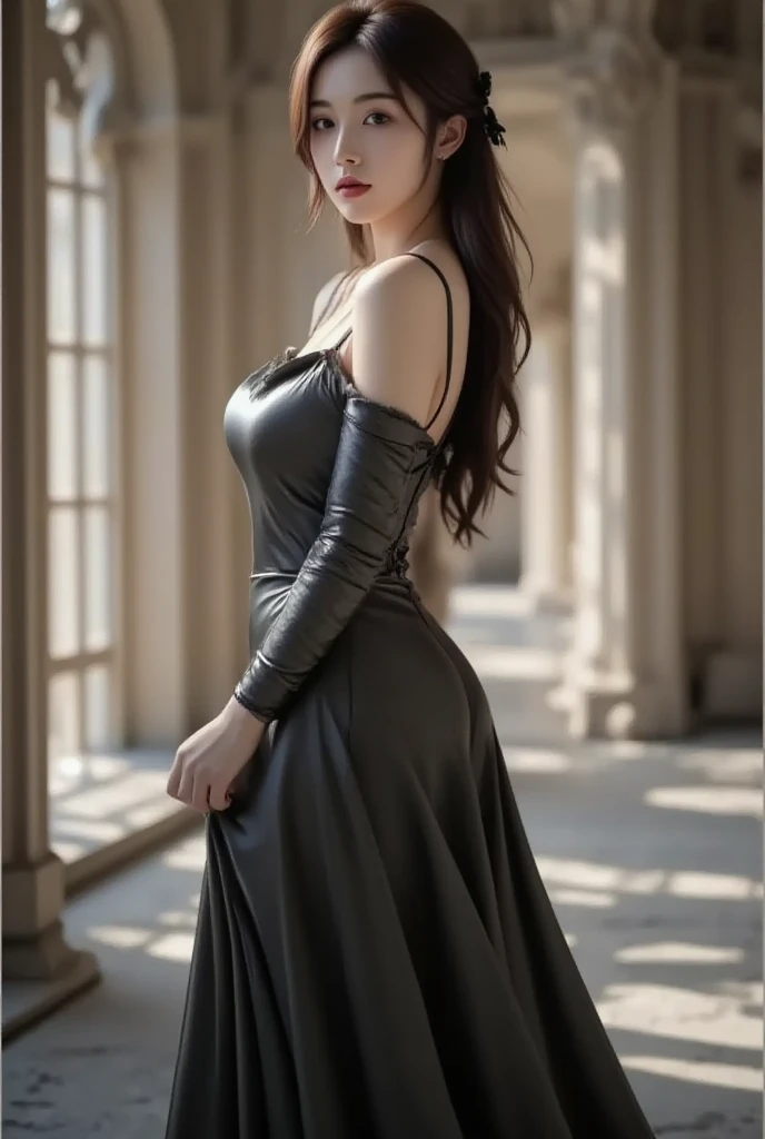 Araffe asian woman in a black dress posing on a balcony - SeaArt AI