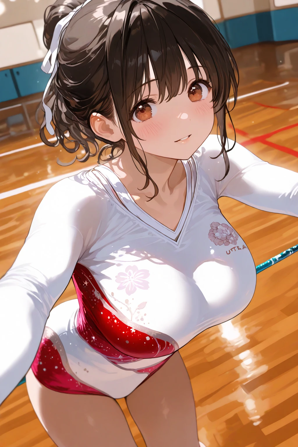 ((((perfect , anatomically correct, super detailed skin)))), 1 girl, japanese, 16 years old, volleyball player, shiny skin, watching the view, 
beautiful hair, beautiful face, beautiful detailed eyes, brown eyes, (short hair:1.4, twintails:1.7), babyface, mole under eye, 
beautiful collarbones, beautiful body, beautiful breasts, beautiful thighs, beautiful legs, large breasts:0.5,  thighs, ,  arms,  hands, , break, 
((symmetrical clothinetallic)), (((buruma:1.3), crop top:1.1, sleeveless volleyball uniform)), break, 
(((((brown rope)), :1.6, ( over clothes)))), ((arms behind head:1.8, breasts :1.2, arms :1.2, legs :1.2)), (((toys in :1.3))), 
((ashamed, open mouth, sweaty)), ((kneeling, )), break, 
(beautiful scenery), evening, day, ((volleyball gymnasium, volleyball cort)), 
(8k, top-quality, masterpiece​:1.2, extremely detailed), (photorealistic:1.2), beautiful illustration, cinematic lighting,