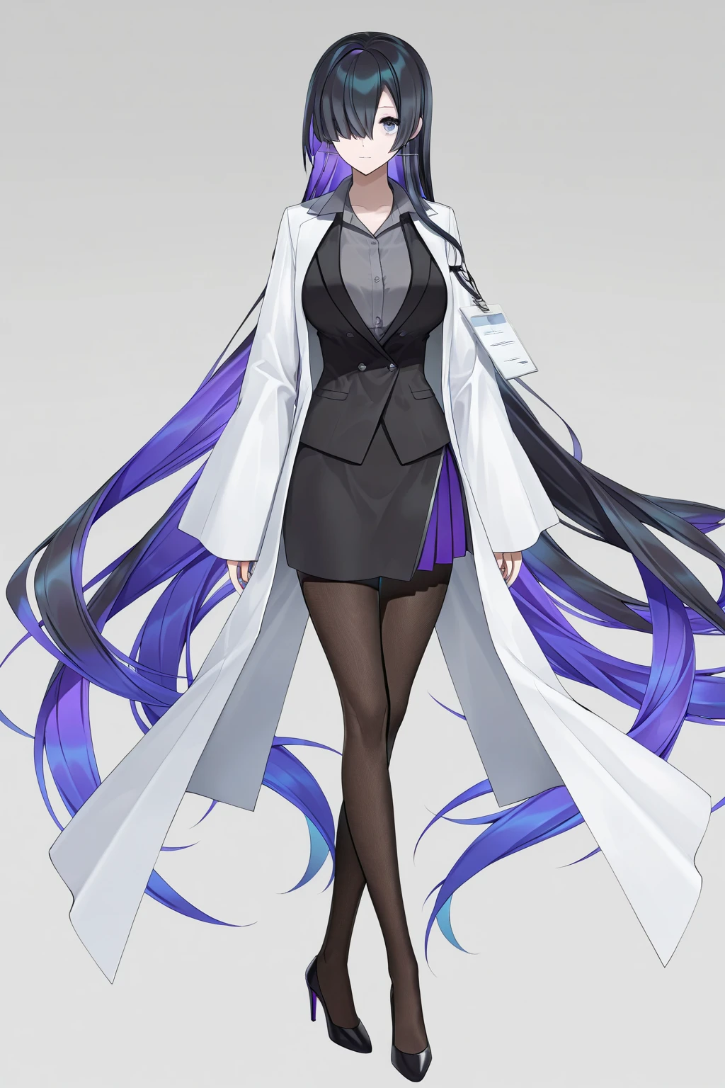 purple,long hair,woman,suit,black vest,Shirt with rolled up sleeves,tie,pants,high heels,,simple background,smile,whole body,full body,full body,Standing picture,vtuber,upright,,Standing upright with face and body facing forward,